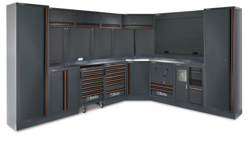 Workshop Equipment Combination with Stainless Steel Worktops, Drawers, Tool Panels, and Cabinets - BetaC45PRO C45PRO FX