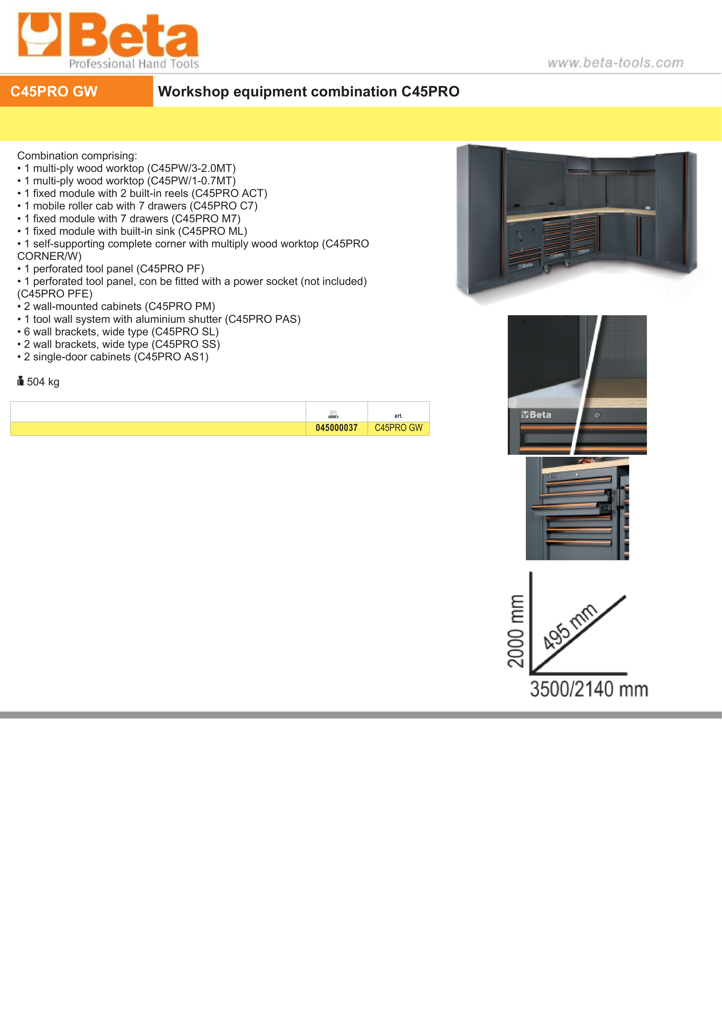 Workshop Equipment Combination with Wood Worktops, Drawers, Tool Panels, and Cabinets - BetaC45PRO C45PRO GW