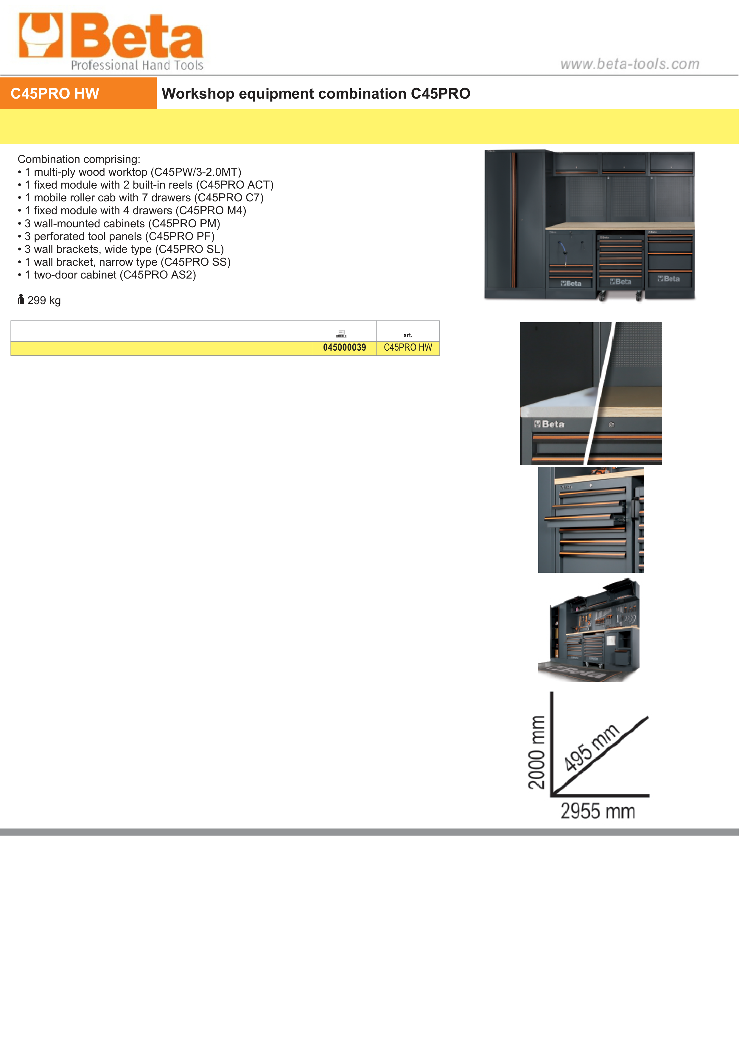 Workshop Equipment Combination with Wood Worktop, Drawers, Tool Panels, and Cabinets - BetaC45PRO C45PRO HW