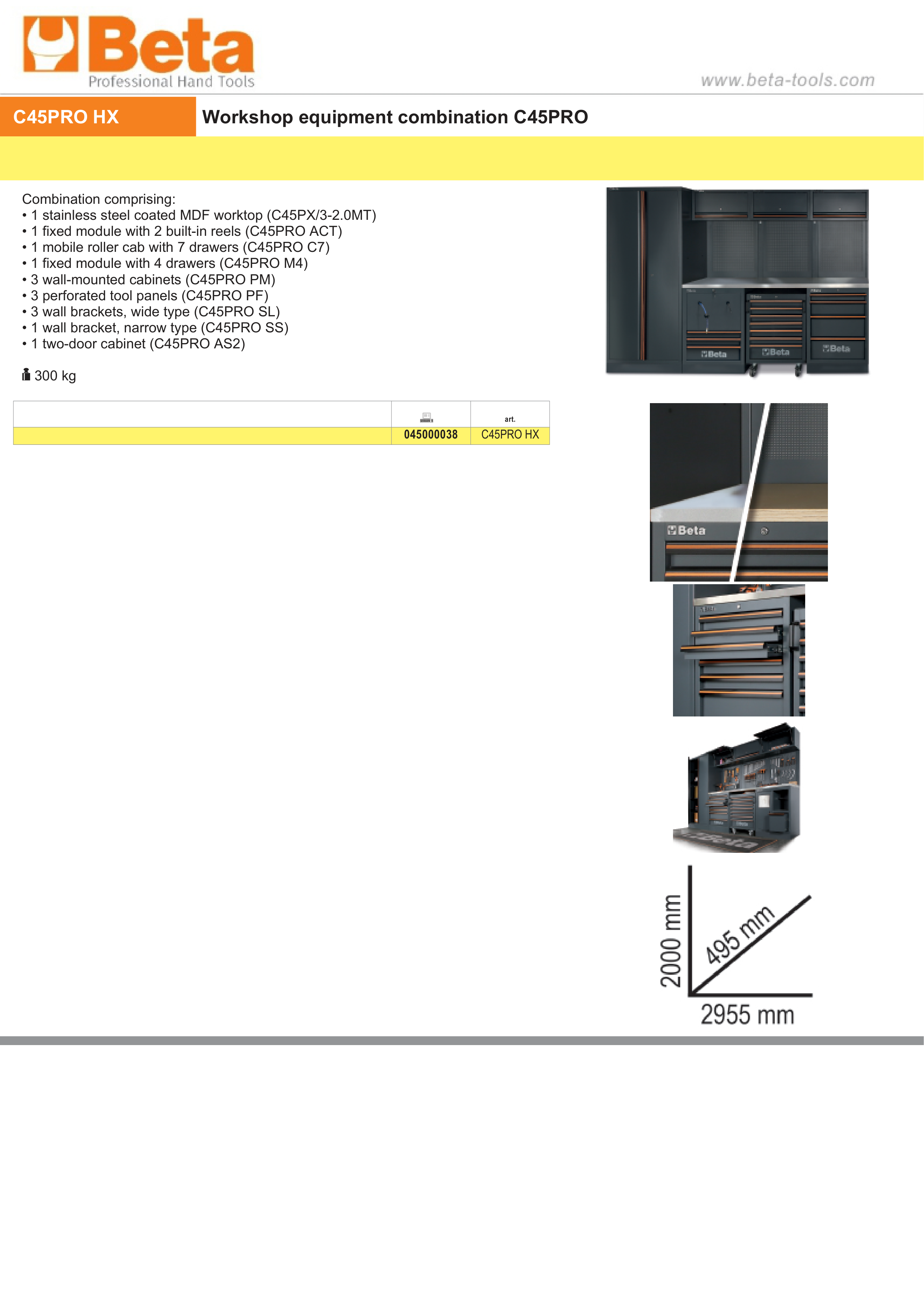 Workshop Equipment Combination with Stainless Steel Worktop, Drawers, Tool Panels, and Cabinets - BetaC45PRO C45PRO HX