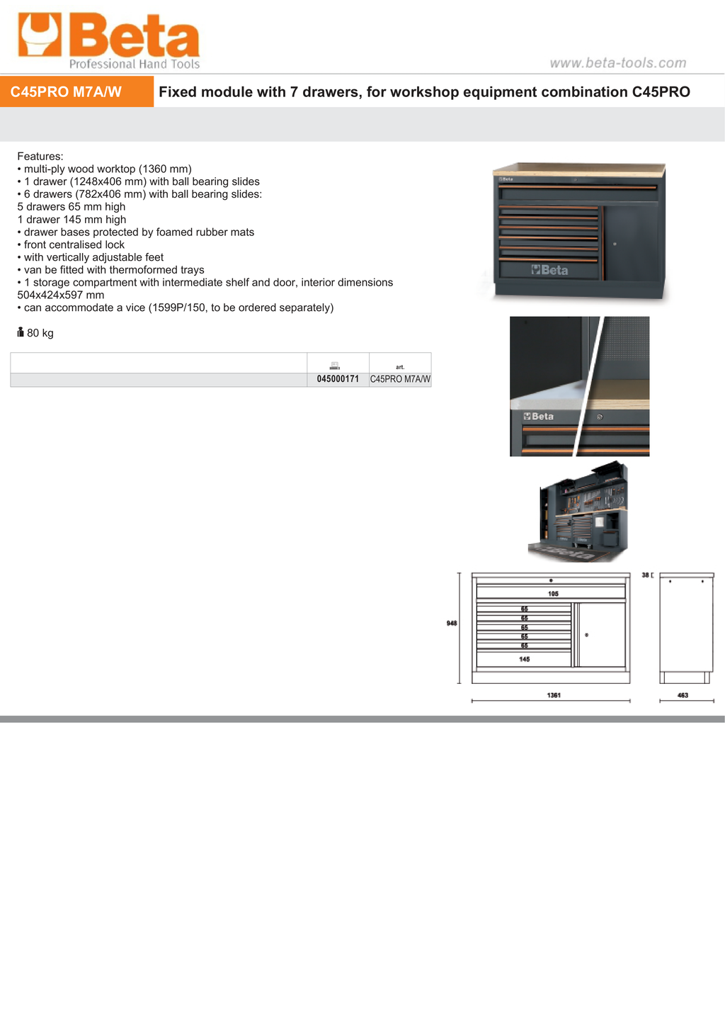 Fixed Module with 7 Drawers and Storage Compartment for Workbench - BetaC45PRO C45PRO M7A/W