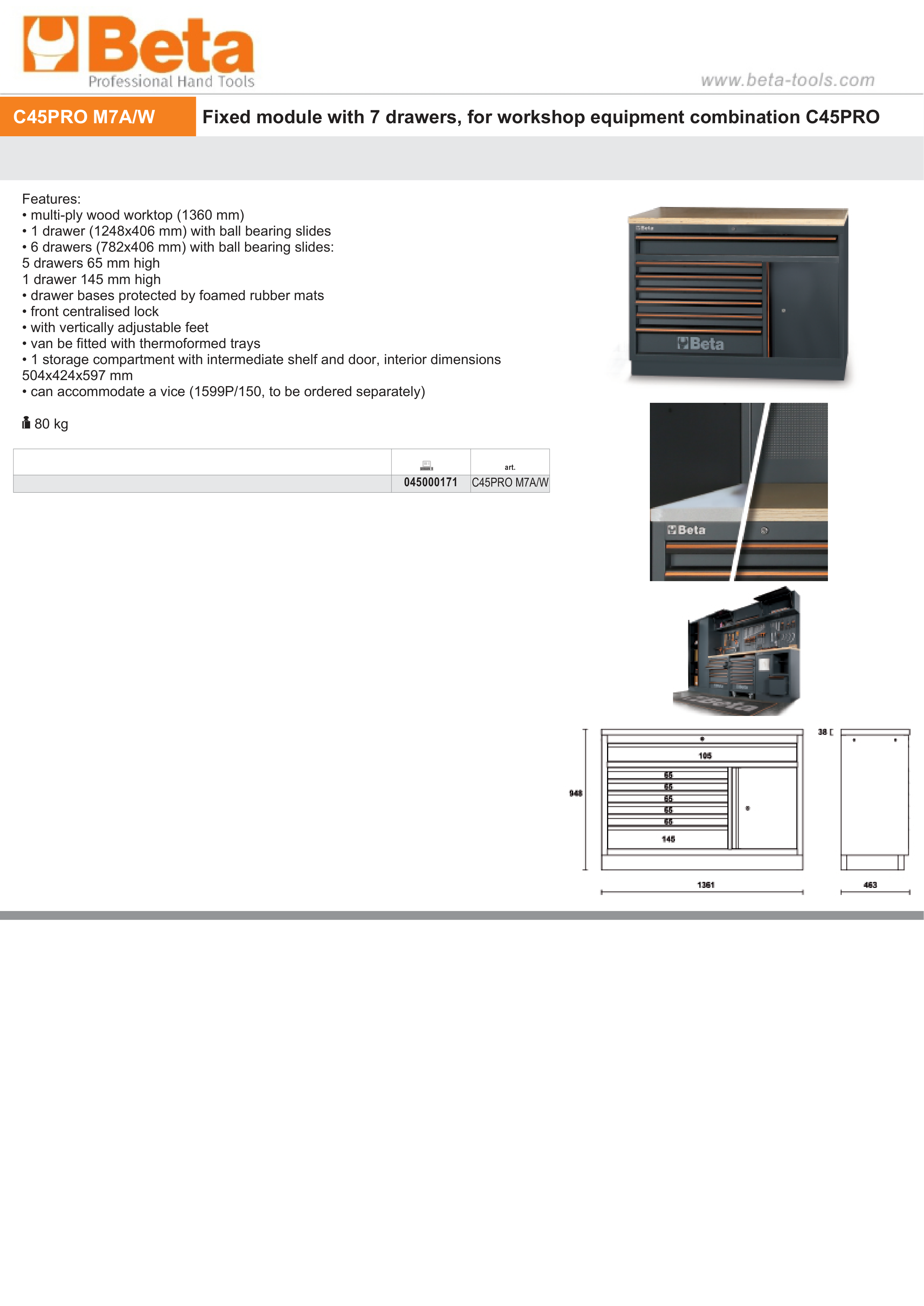 Fixed Module with 7 Drawers and Storage Compartment for Workbench - BetaC45PRO C45PRO M7A/W