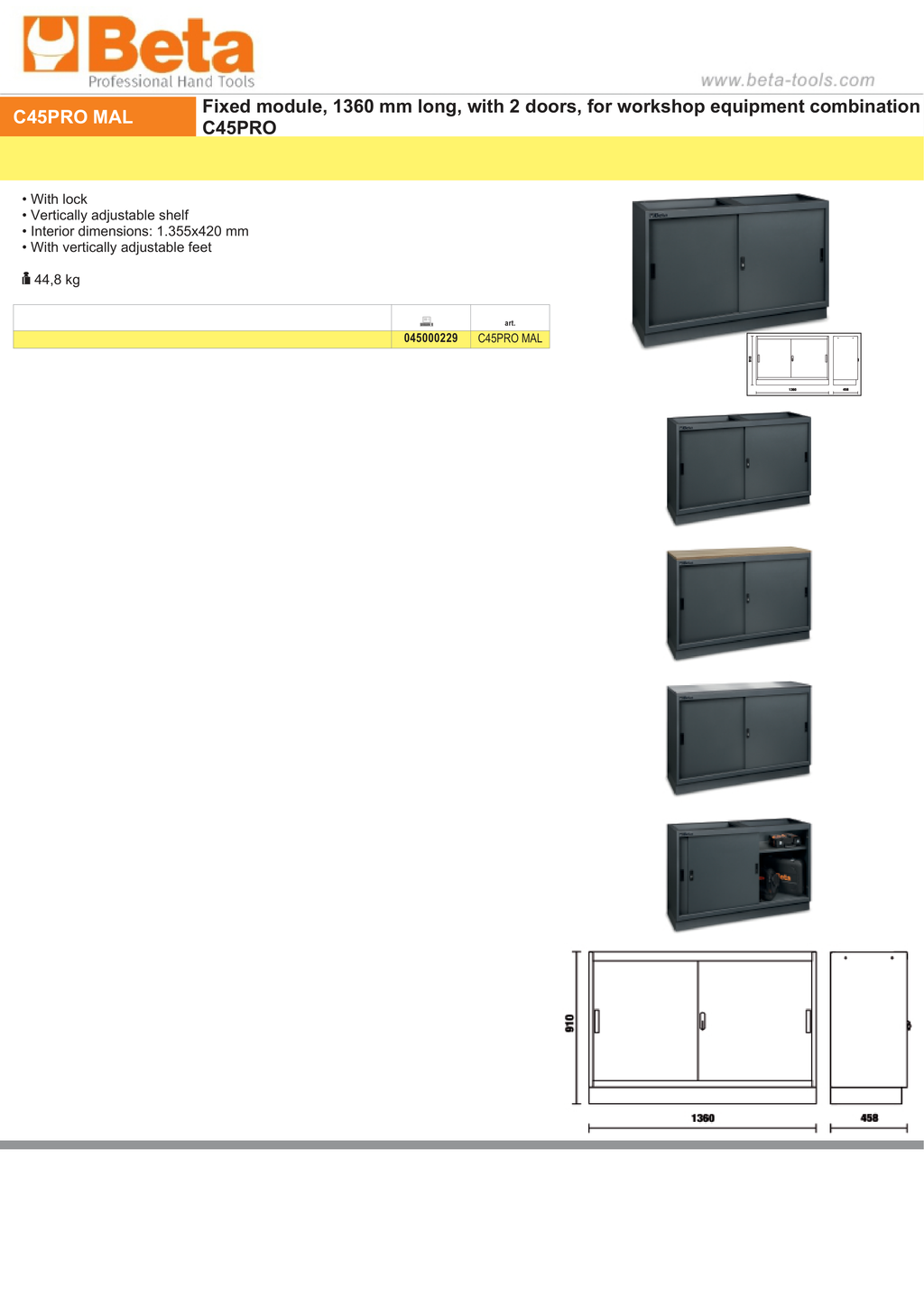 Fixed Module with 2 Doors and Adjustable Shelf for Workshop - BetaC45PRO C45PRO MAL