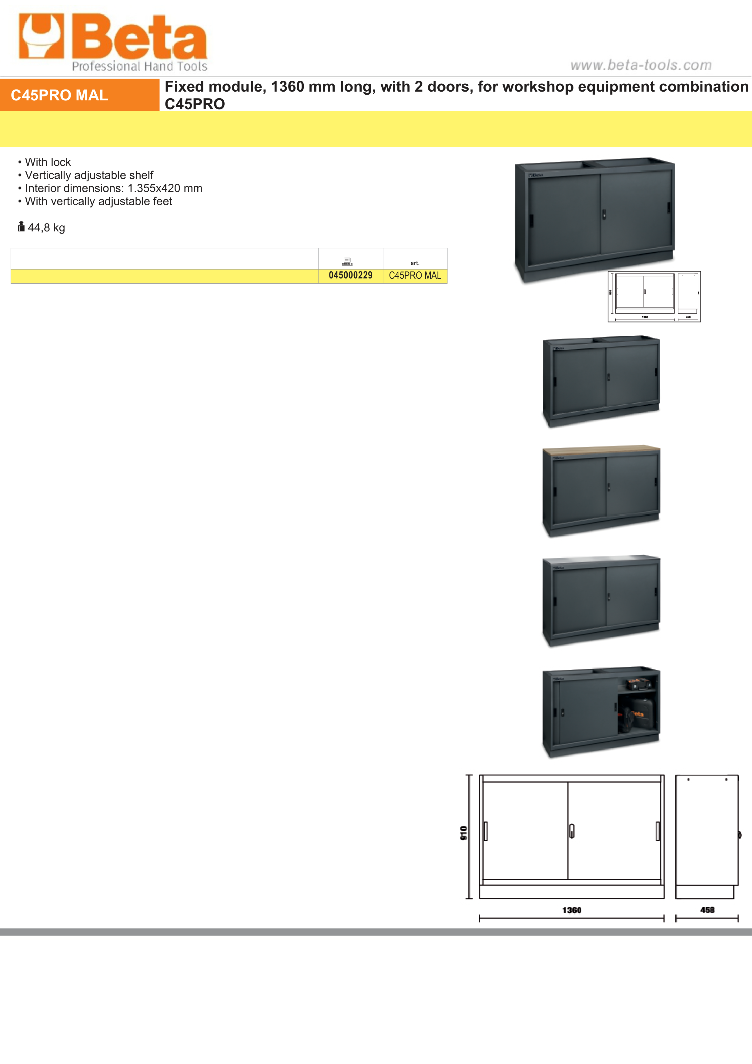 Fixed Module with 2 Doors and Adjustable Shelf for Workshop - BetaC45PRO C45PRO MAL