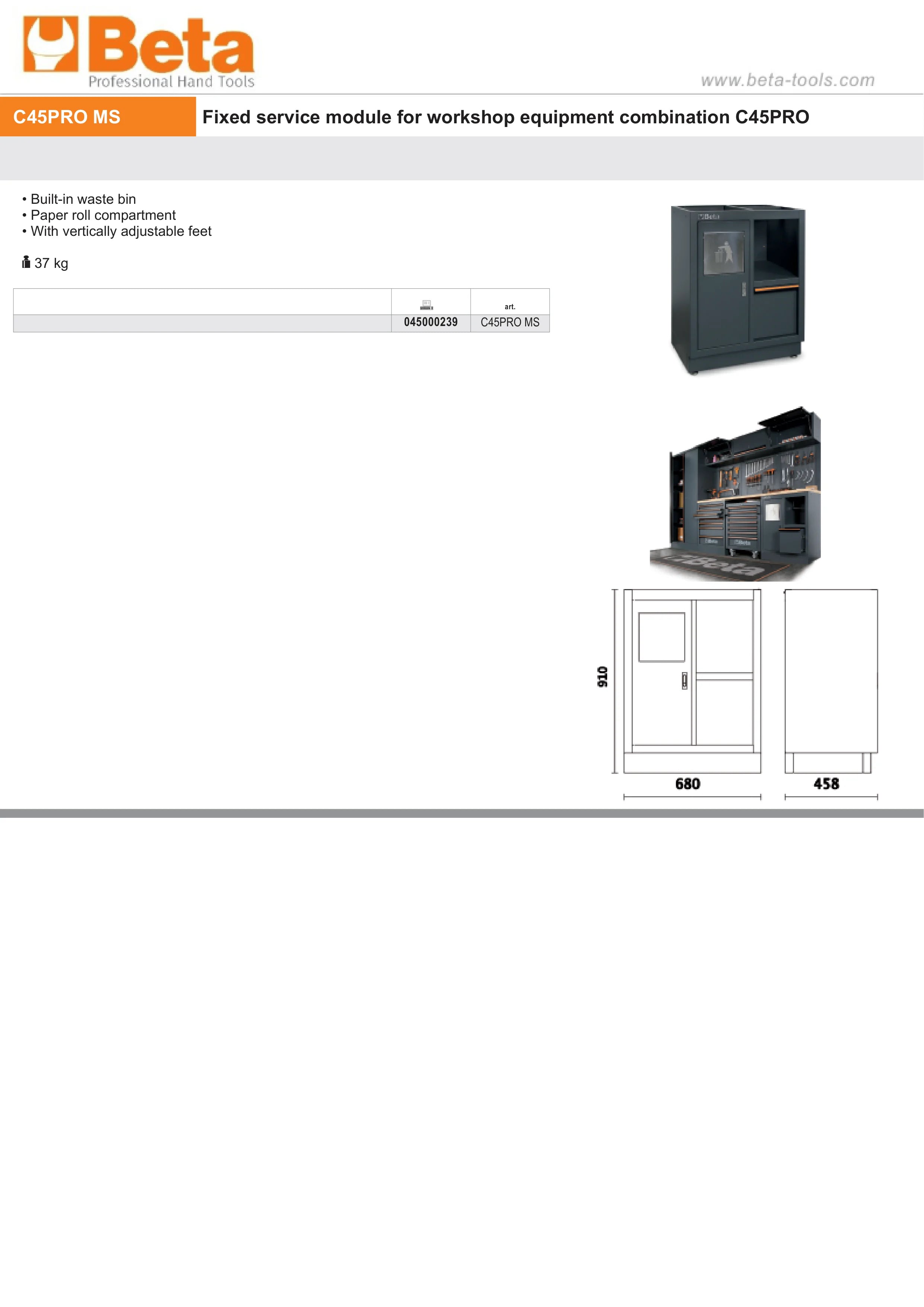 Fixed Service Module with Waste Bin and Paper Roll Compartment for Workshop - BetaC45PRO C45PRO MS
