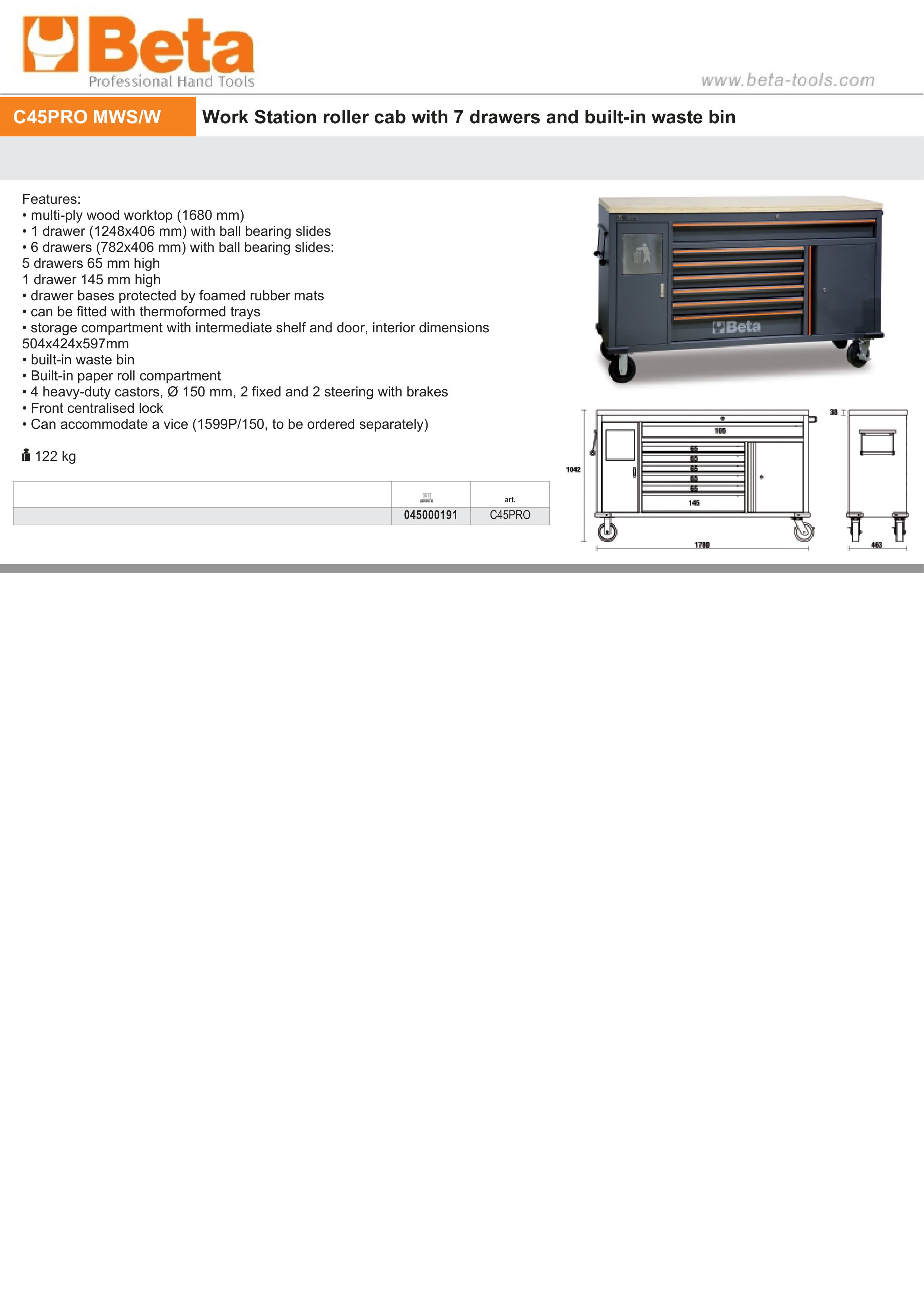 Work Station Roller Cab with 7 Drawers and Built-In Waste Bin - BetaC45PRO C45PRO MWS/W