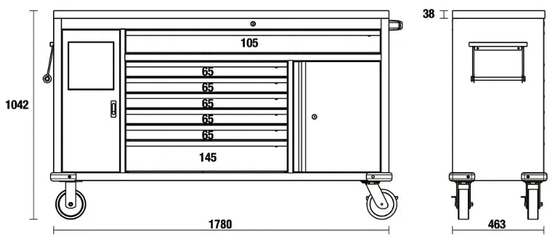 Work Station Roller Cab with 7 Drawers and Built-In Waste Bin - BetaC45PRO C45PRO MWS/X
