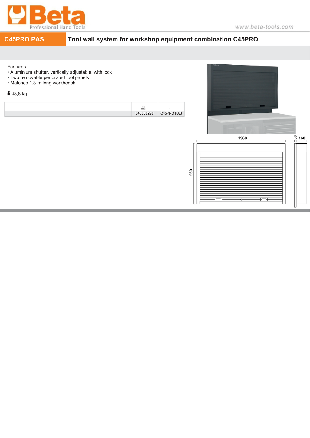 Tool Wall System with Adjustable Shutter and Perforated Panels for Workshop - BetaC45PRO C45PRO PAS