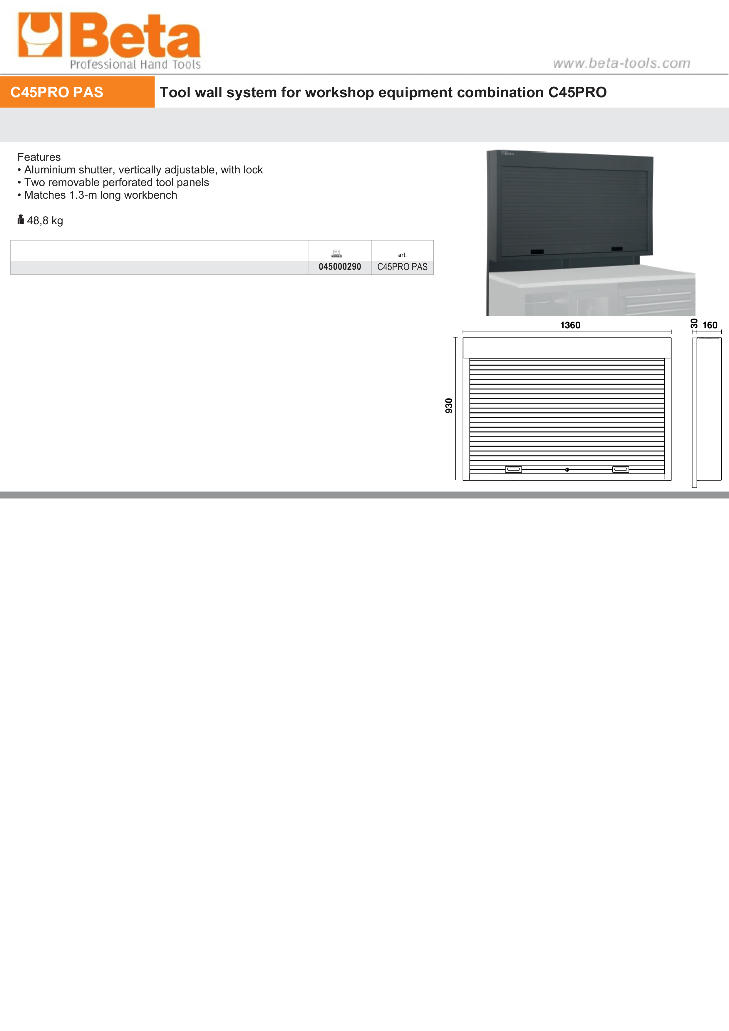 Tool Wall System with Adjustable Shutter and Perforated Panels for Workshop - BetaC45PRO C45PRO PAS