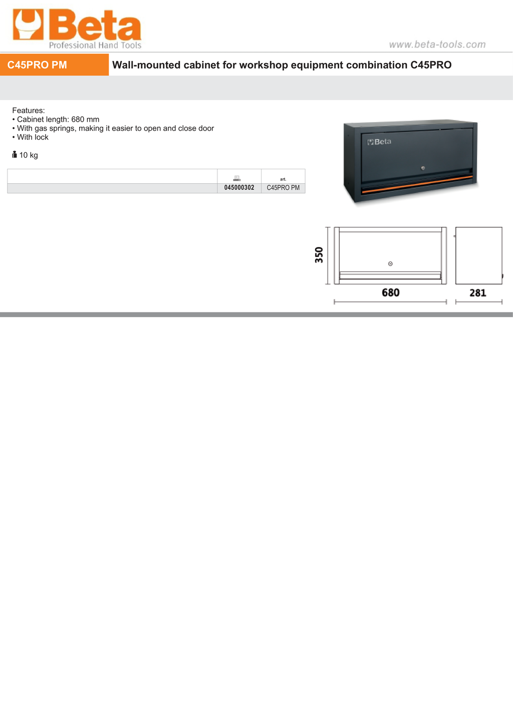 Wall-Mounted Cabinet with Gas Springs and Lock for Workshop - BetaC45PRO C45PRO PM