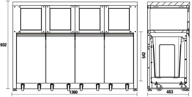 Fixed Sorted Waste Collection Module with Worktop and 4 Containers for Workshop - BetaC45PRO C45PRO RD/W