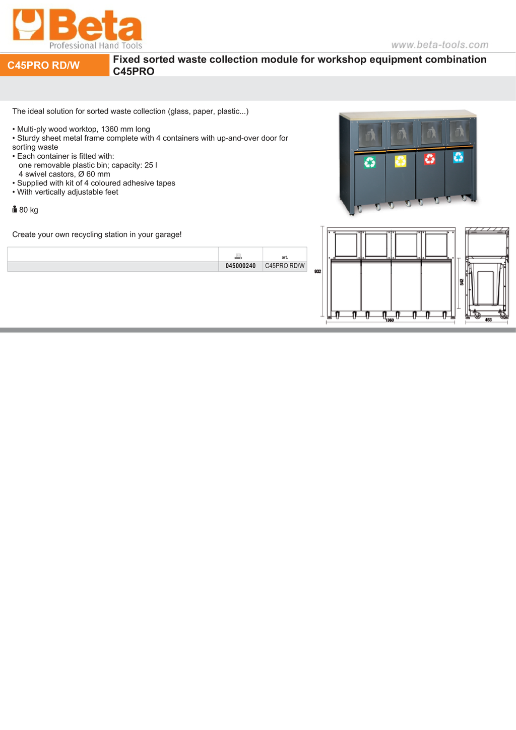 Fixed Sorted Waste Collection Module with Worktop and 4 Containers for Workshop - BetaC45PRO C45PRO RD/W