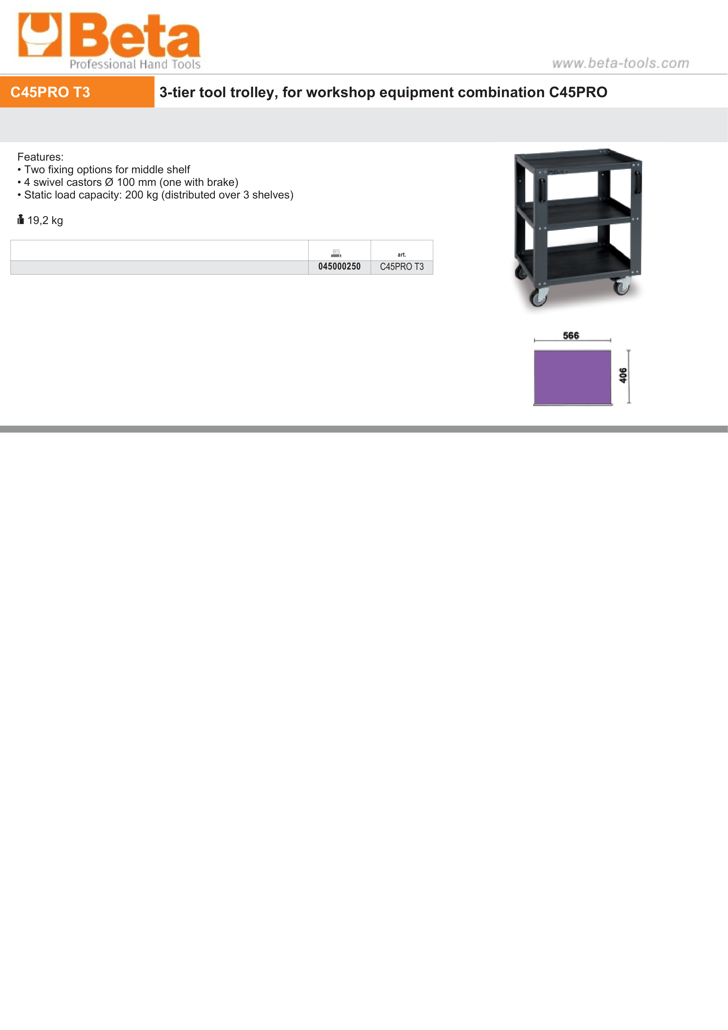 3-Tier Tool Trolley with Adjustable Middle Shelf for Workshop - BetaC45PRO C45PRO T3
