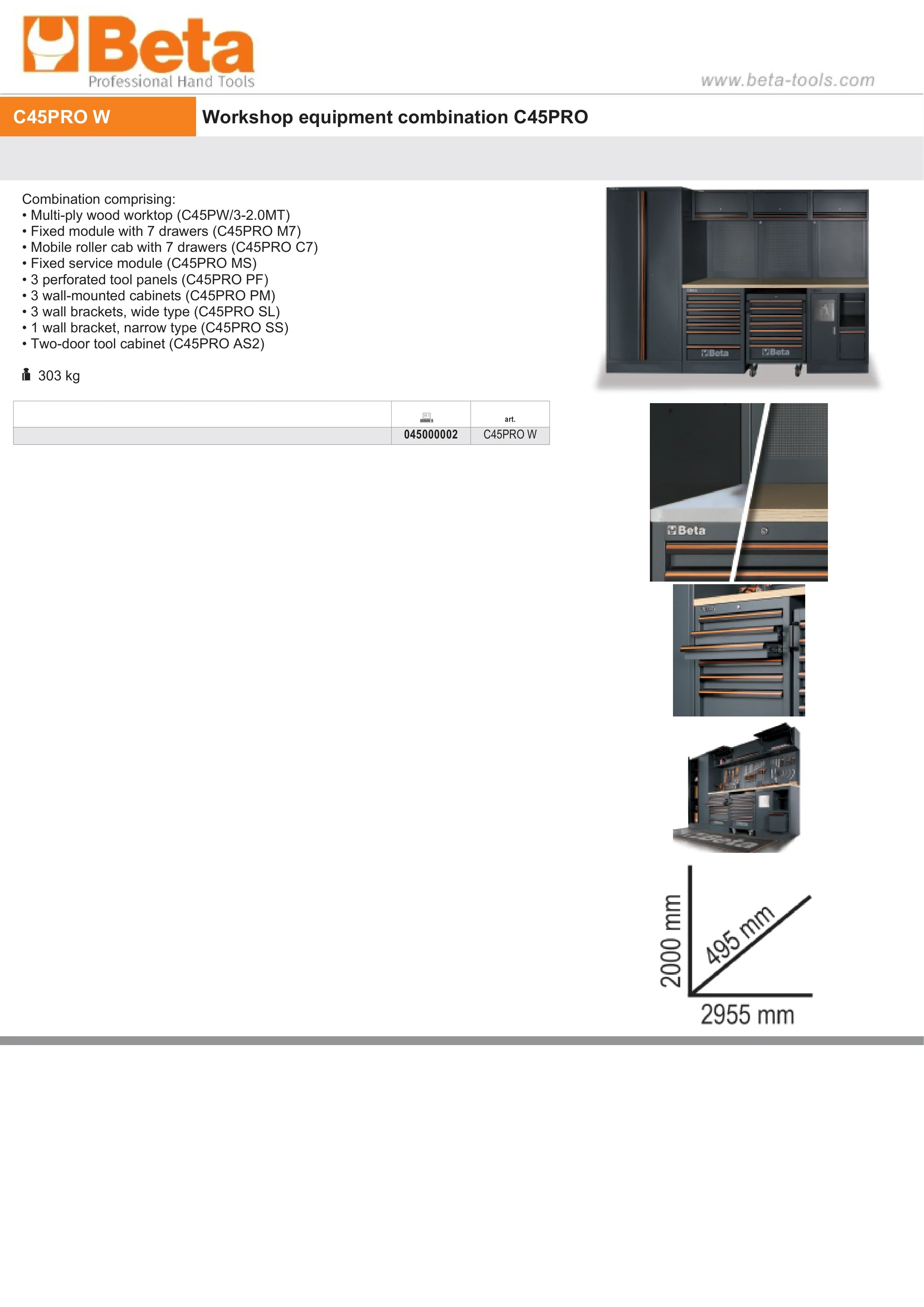 Workshop Equipment Combination with Wood Worktop, Drawers, Tool Panels, and Cabinets - BetaC45PRO C45PRO W
