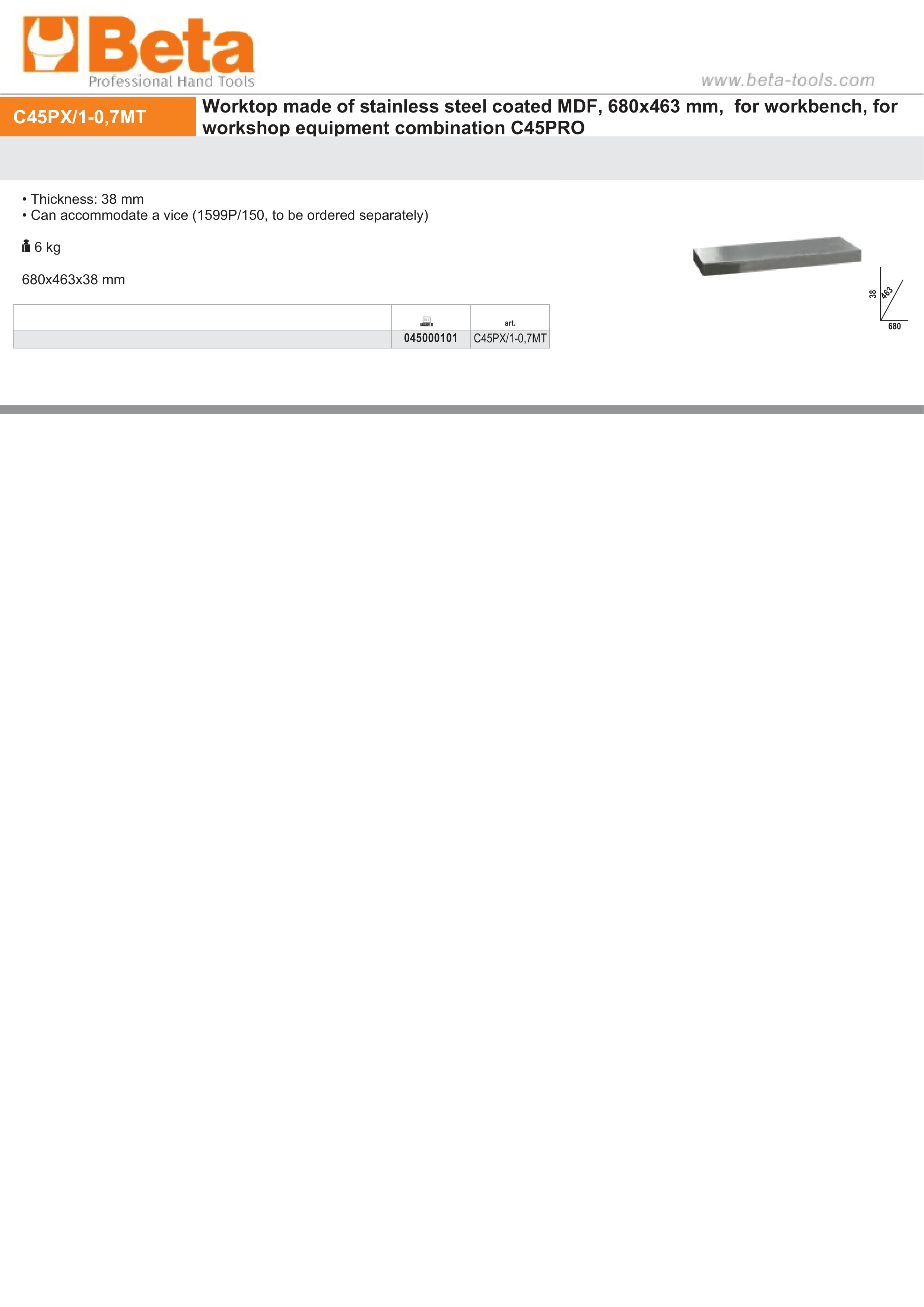 Stainless Steel Coated MDF Worktop 680x463x38mm for Workbench - BetaC45PRO C45PX/1-0,7MT