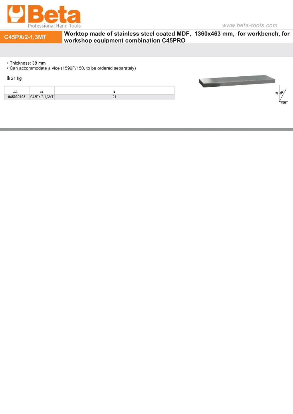 Stainless Steel Coated MDF Worktop 1360x463x38mm for Workbench - BetaC45PRO C45PX/2-1,3MT