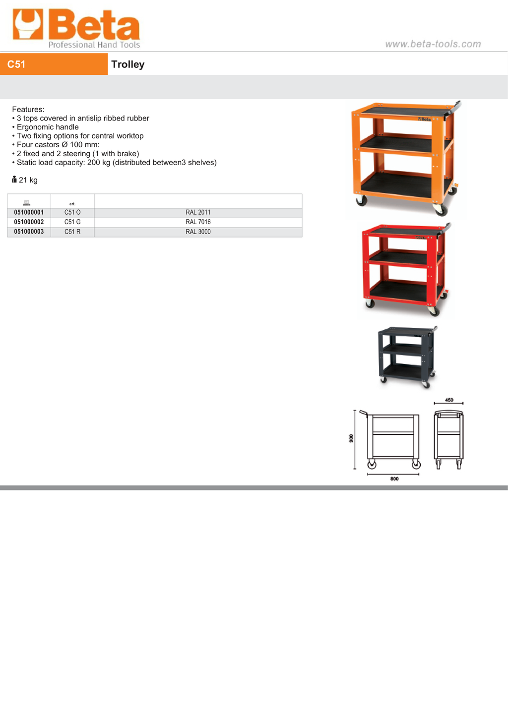 Trolley with 3 Antislip Rubber Tops, Ergonomic Handle, 4 Castors 100mm, 200kg Load Capacity - Beta Tools C51 G