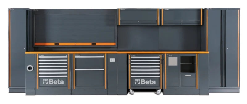 Comprehensive Workshop Equipment Set with Cabinets, Workbenches, Mobile Roller Cab, Tool Panels, 5.4x2.00x0.76m - BetaRSC55 C55