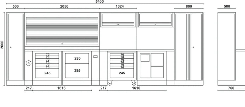 Comprehensive Workshop Equipment Set with Cabinets, Workbenches, Mobile Roller Cab, Tool Panels, 5.4x2.00x0.76m - BetaRSC55 C55