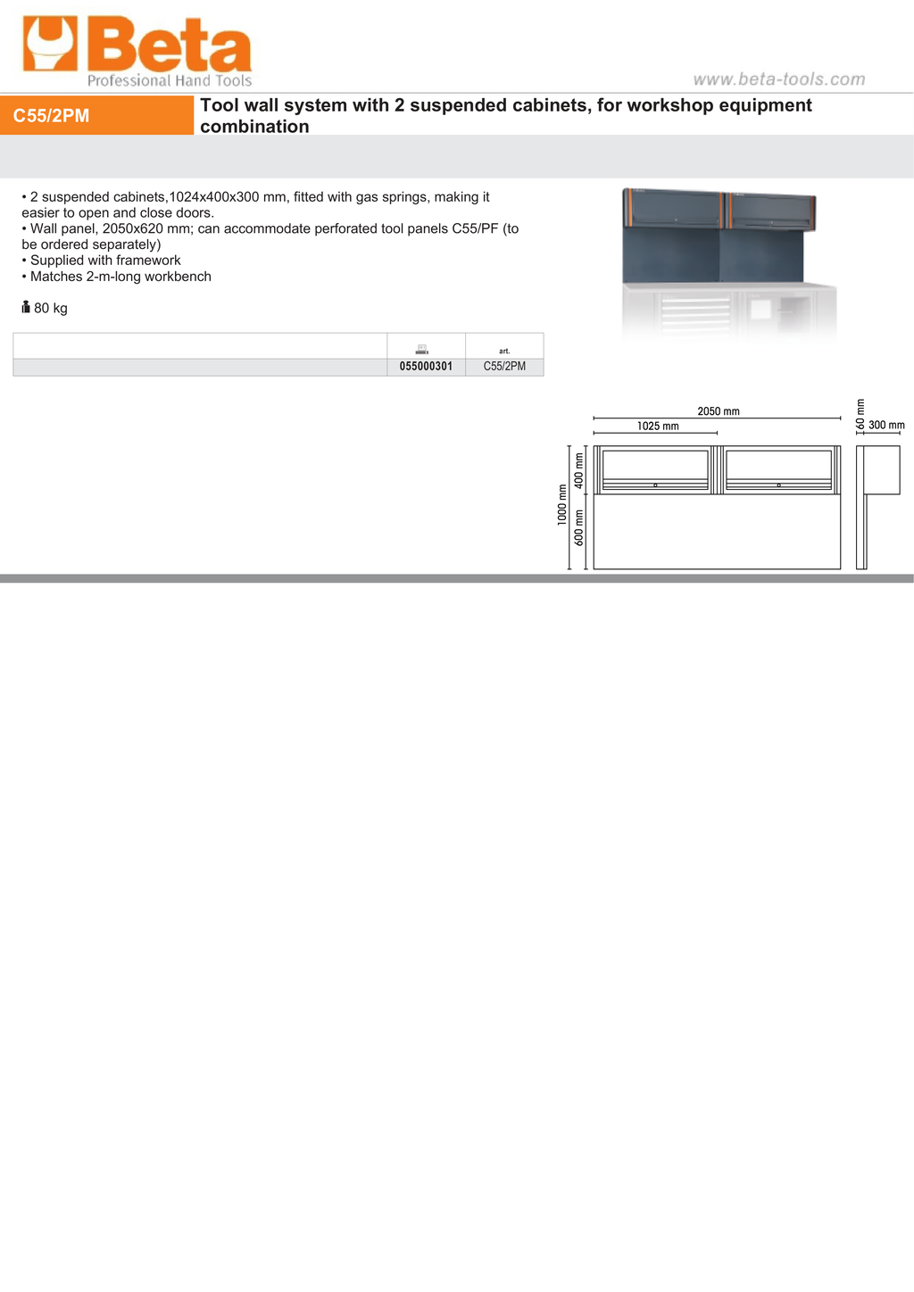 Tool Wall System with 2 Suspended Cabinets, Gas Springs, 2050x620mm Wall Panel, Fits 2m Workbench - BetaRSC55 C55/2PM