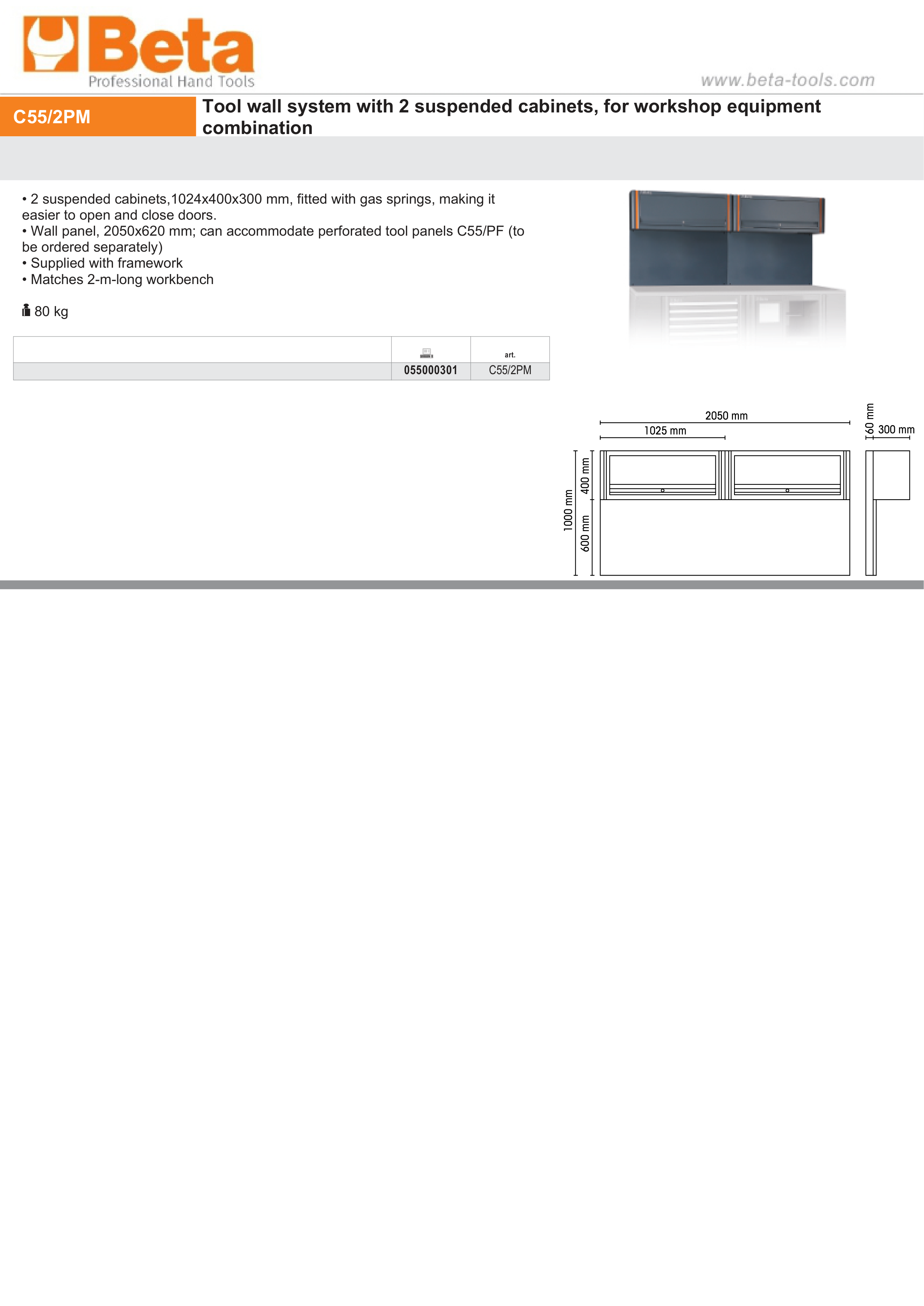 Tool Wall System with 2 Suspended Cabinets, Gas Springs, 2050x620mm Wall Panel, Fits 2m Workbench - BetaRSC55 C55/2PM