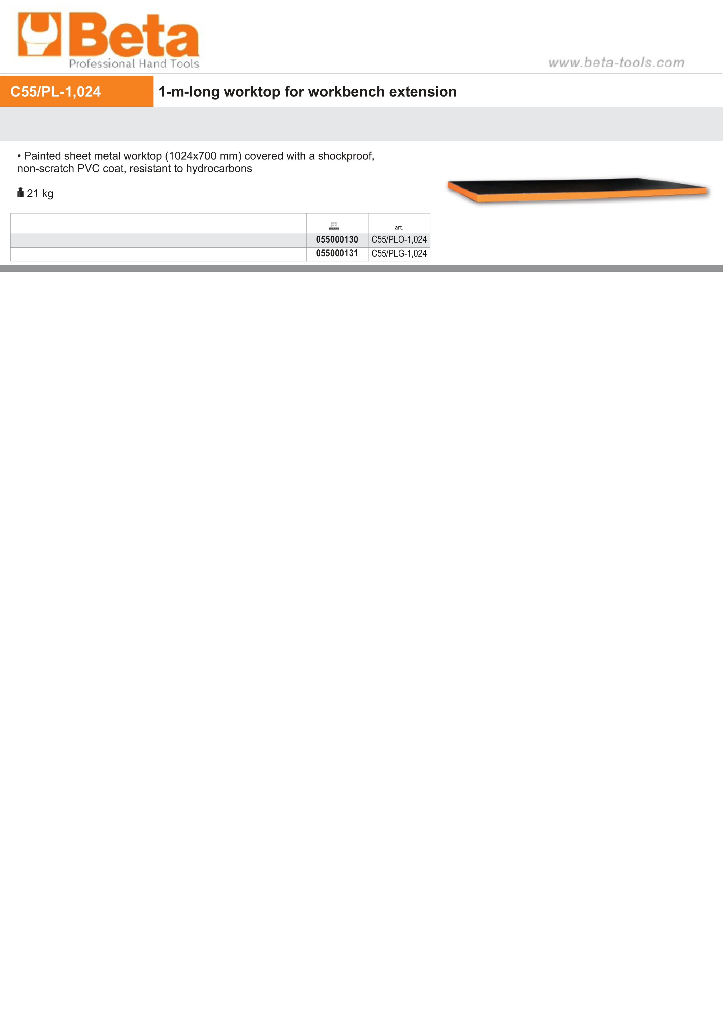 1m Worktop Extension with Shockproof PVC Coating, 1024x700mm - BetaRSC55 C55/PLO-1,024