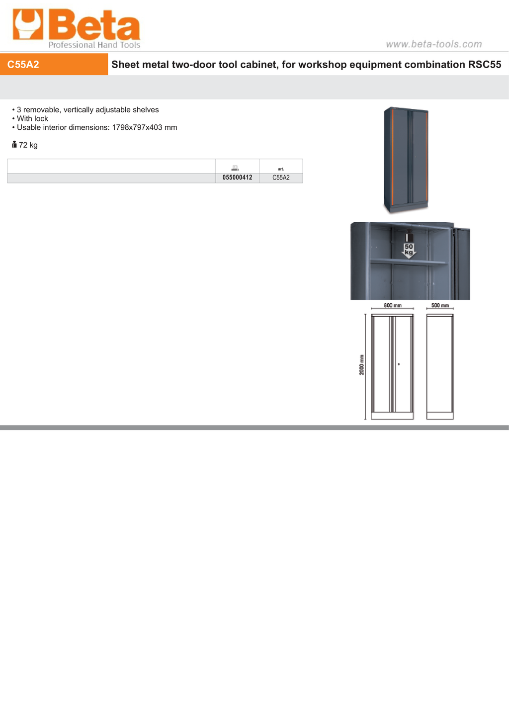Two-Door Tool Cabinet, 1798x797x403mm, Adjustable Shelves, Lockable - BetaRSC55 C55A2