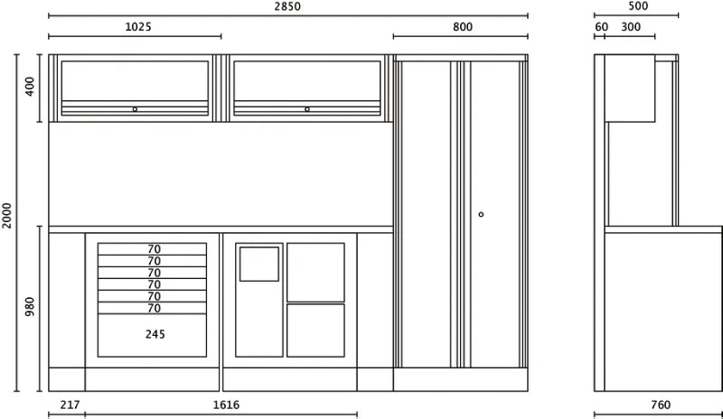 Workshop Equipment Set with Two-Door Cabinet, Workbench, 7-Drawer Module, Service Module, Tool Panel, 2.85x2.00x0.76m - BetaRSC55 C55AB