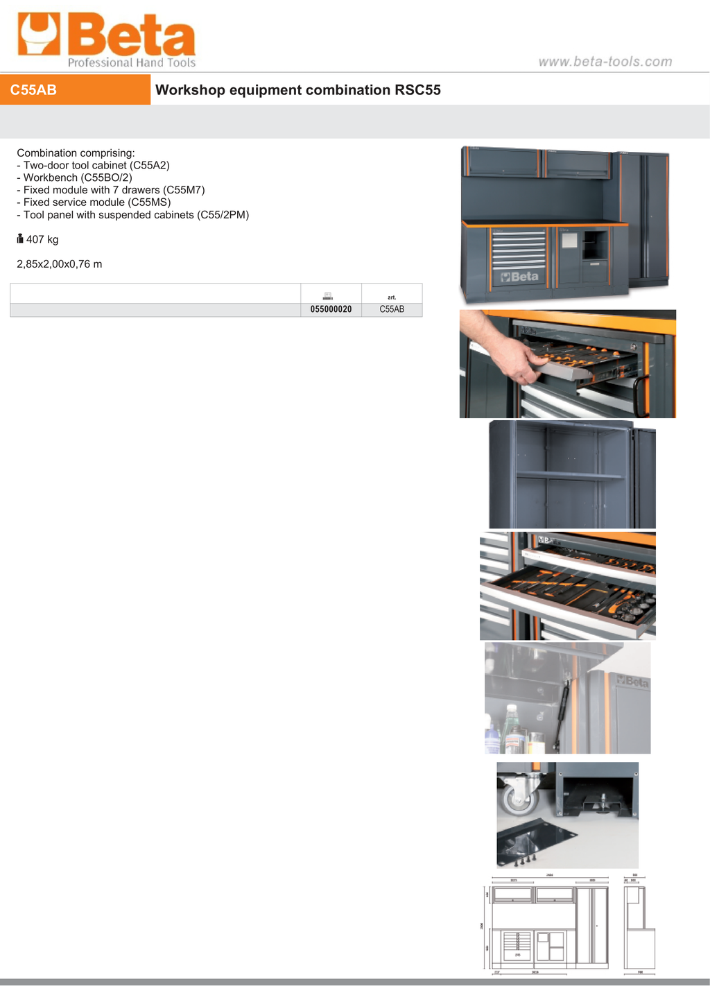 Workshop Equipment Set with Two-Door Cabinet, Workbench, 7-Drawer Module, Service Module, Tool Panel, 2.85x2.00x0.76m - BetaRSC55 C55AB