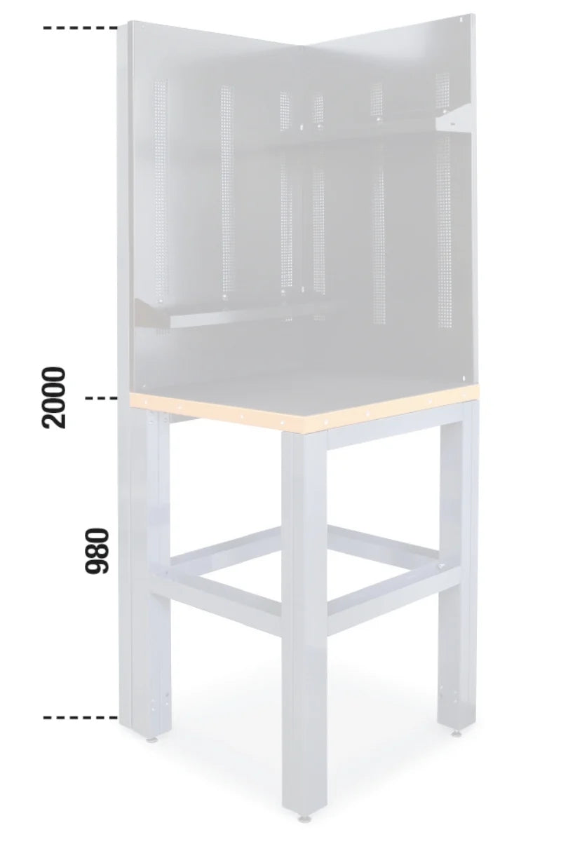 Self-Supporting Complete Corner Worktop, 700x700mm, with Tool Wall Systems and Fixing Shelves - BetaRSC55 C55AC-G
