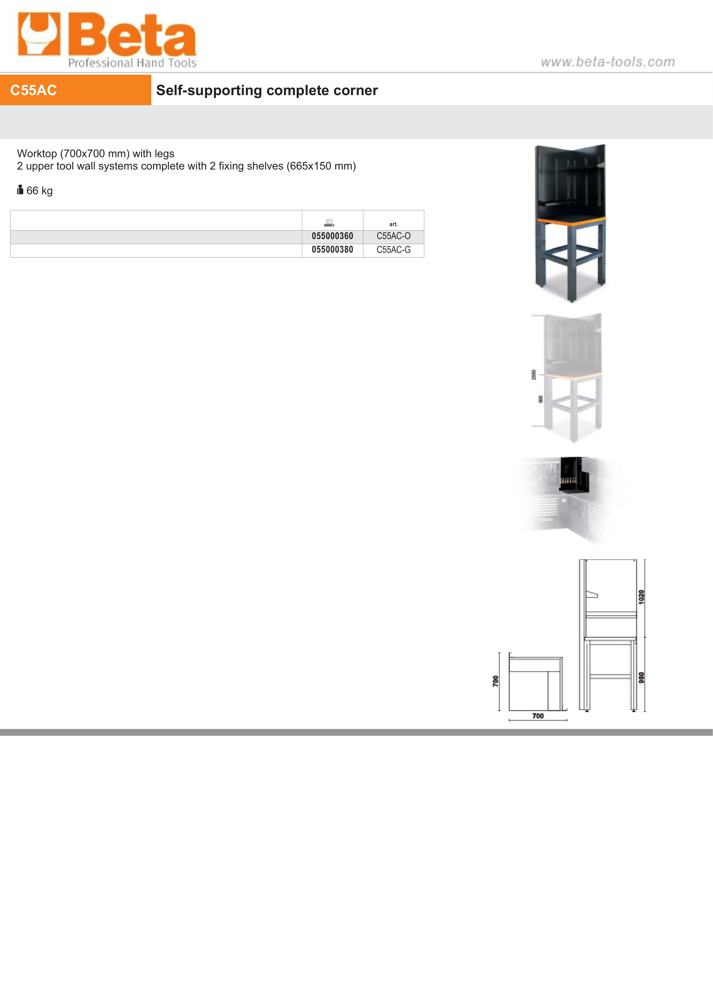 Self-Supporting Complete Corner Worktop, 700x700mm, with Tool Wall Systems and Fixing Shelves - BetaRSC55 C55AC-O