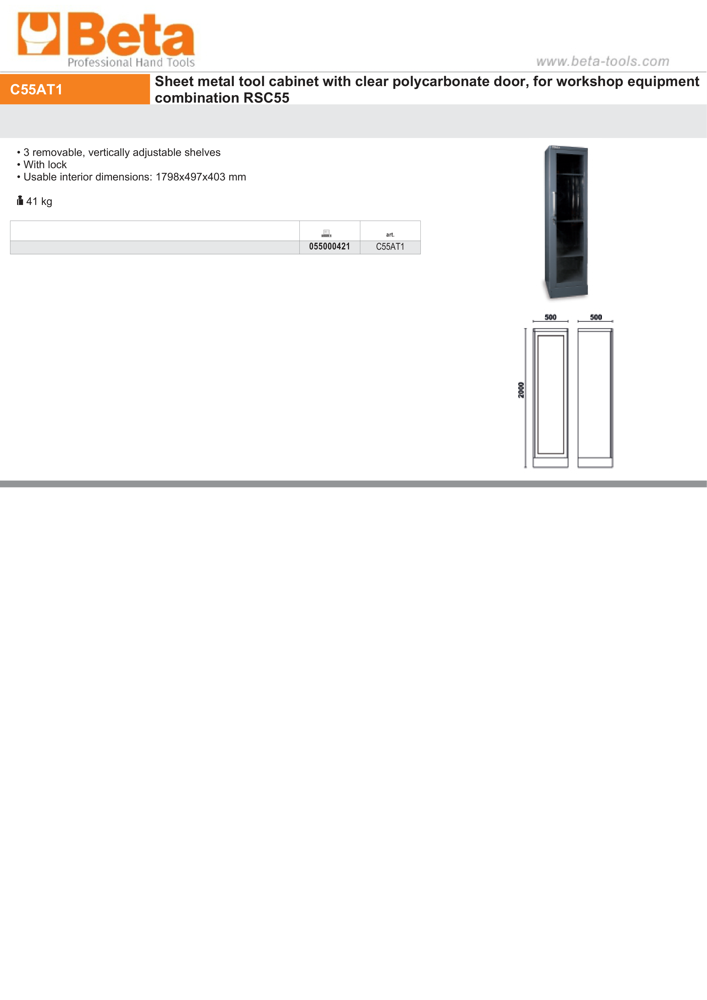 Tool Cabinet with Clear Polycarbonate Door, 1798x497x403mm, Adjustable Shelves, Lockable - BetaRSC55 C55AT1