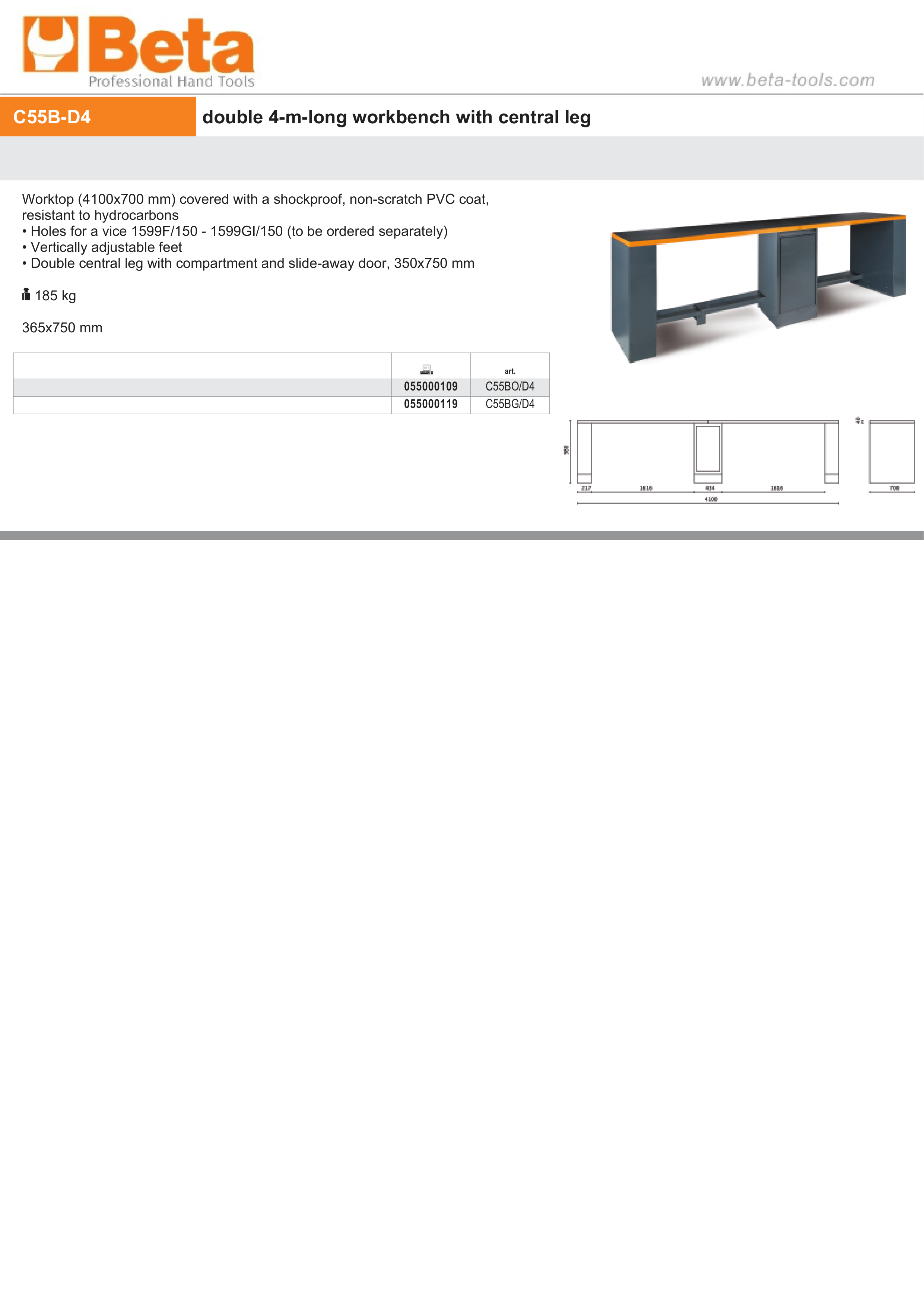 Double 4m Workbench with Central Leg, Shockproof PVC Worktop, Adjustable Feet, 4100x700mm - BetaRSC55 C55BO/D4