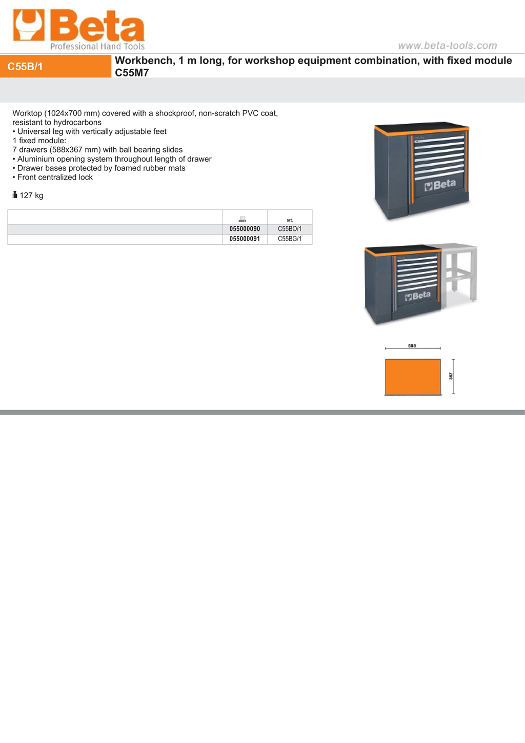 Workbench 1m with 7-Drawer Fixed Module, Shockproof PVC Worktop, Adjustable Feet, 1024x700mm - BetaRSC55 C55BG/1