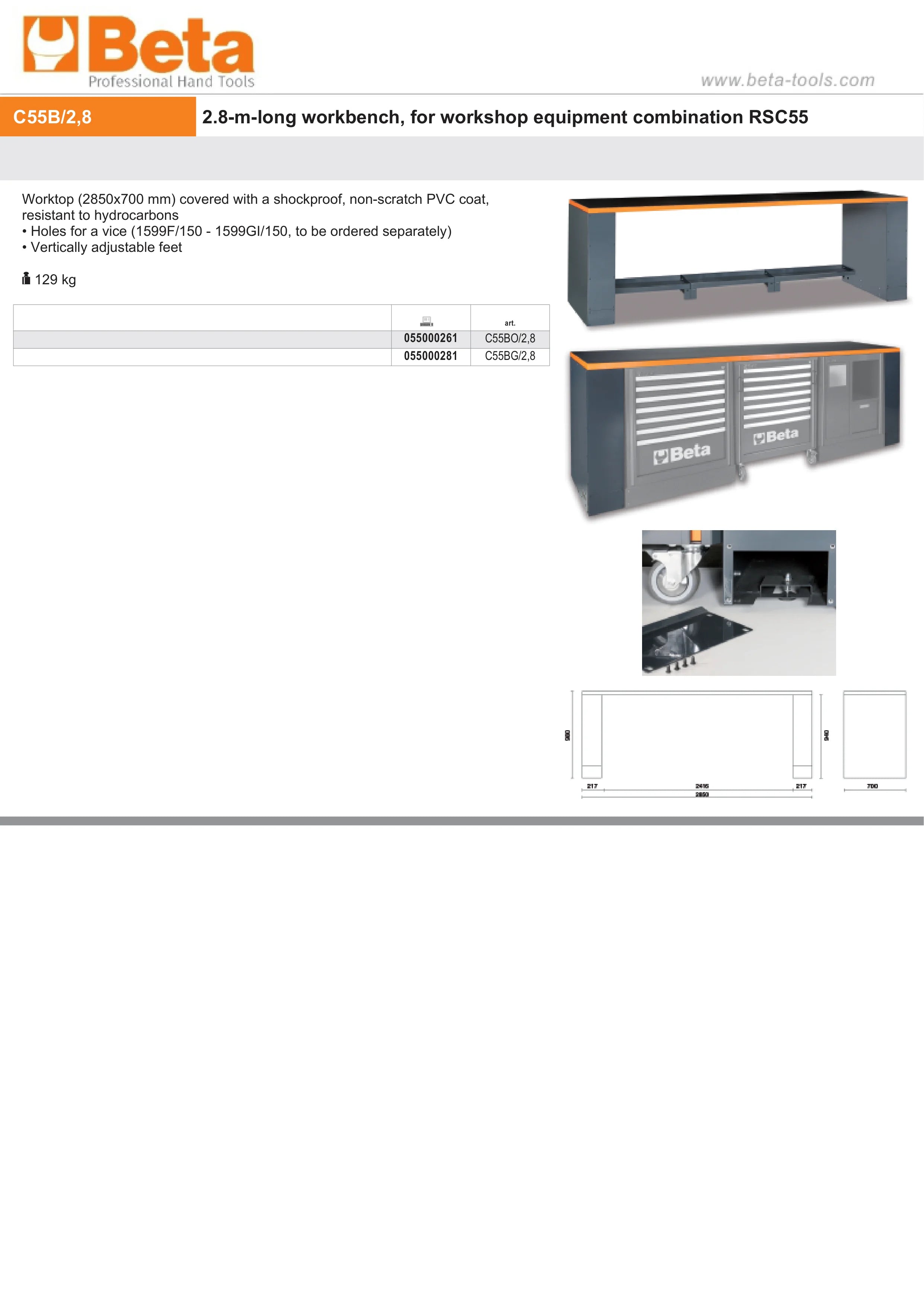 2.8m Workbench with Shockproof PVC Coated Worktop, Vice Holes, Adjustable Feet - BetaRSC55 C55BG/2,8