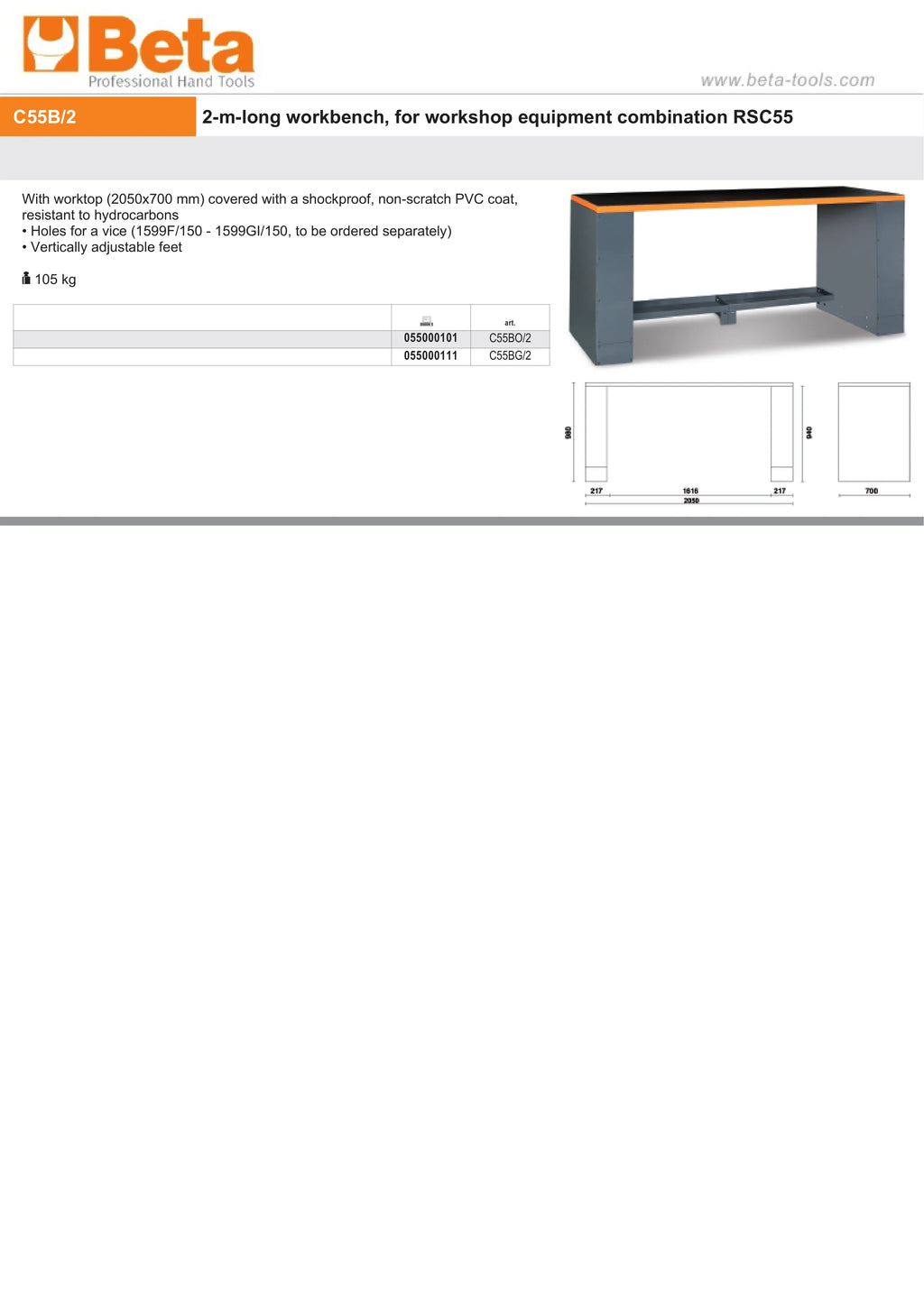 2m Workbench with Shockproof PVC Worktop, Adjustable Feet, 2050x700mm - BetaRSC55 C55BG/2