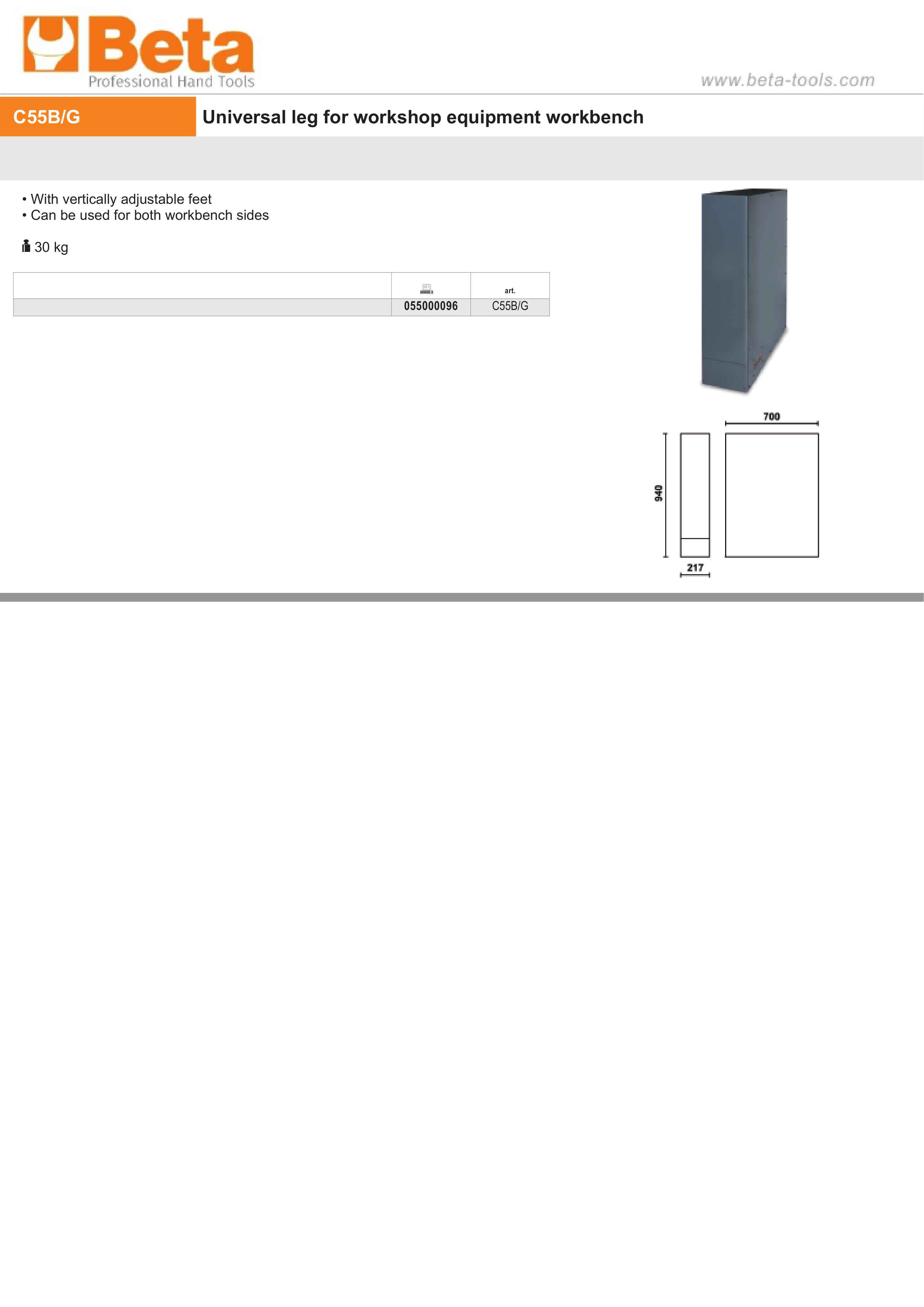 Universal Leg with Adjustable Feet for Workbench - BetaRSC55 C55B/G