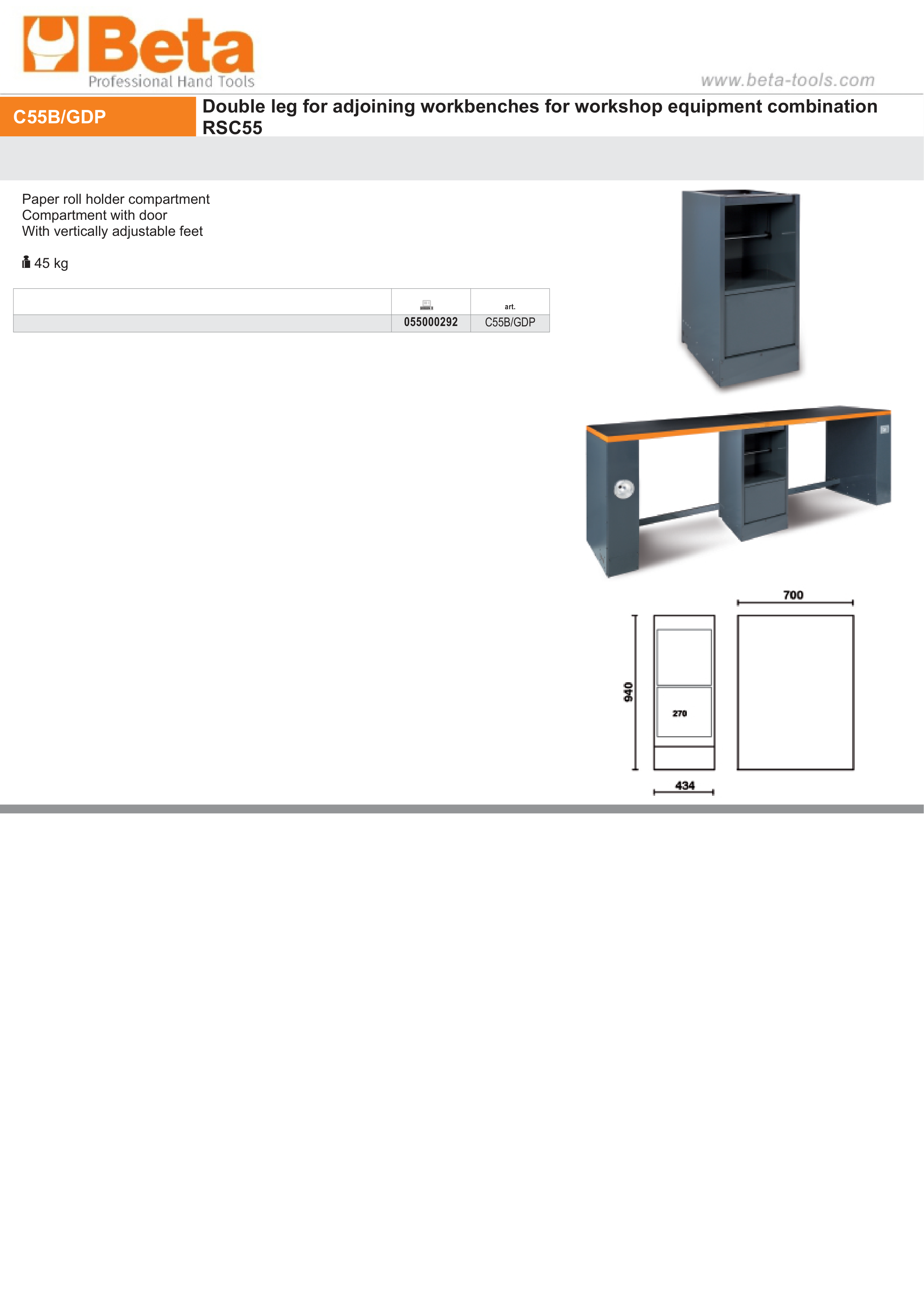 Double Leg with Paper Roll Holder Compartment, Door, Adjustable Feet - BetaRSC55 C55B/GDP