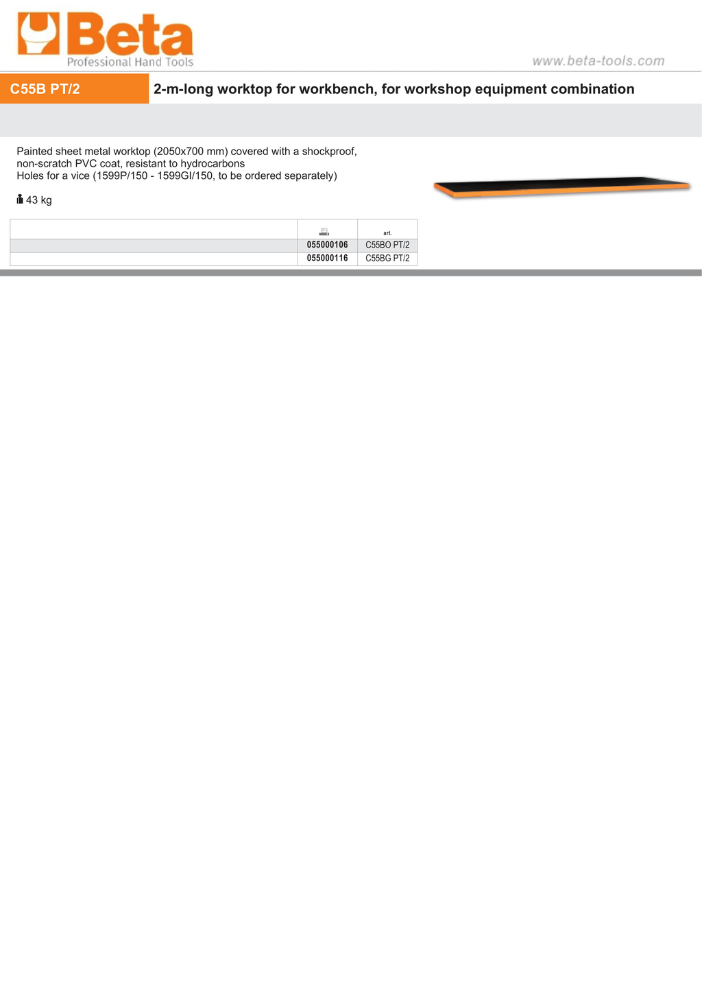 2m Worktop with Shockproof PVC Coating, 2050x700mm, for Workbench - BetaRSC55 C55BO PT/2