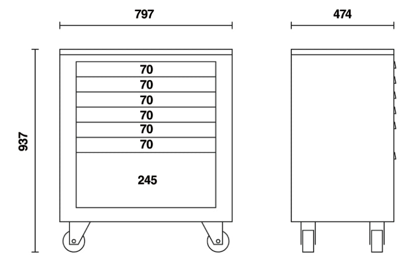 Mobile Roller Cabinet with 7 Drawers, Ball Bearing Slides, Central Lock, 588x367mm Drawers, 100mm Castors - BetaRSC55 C55C7