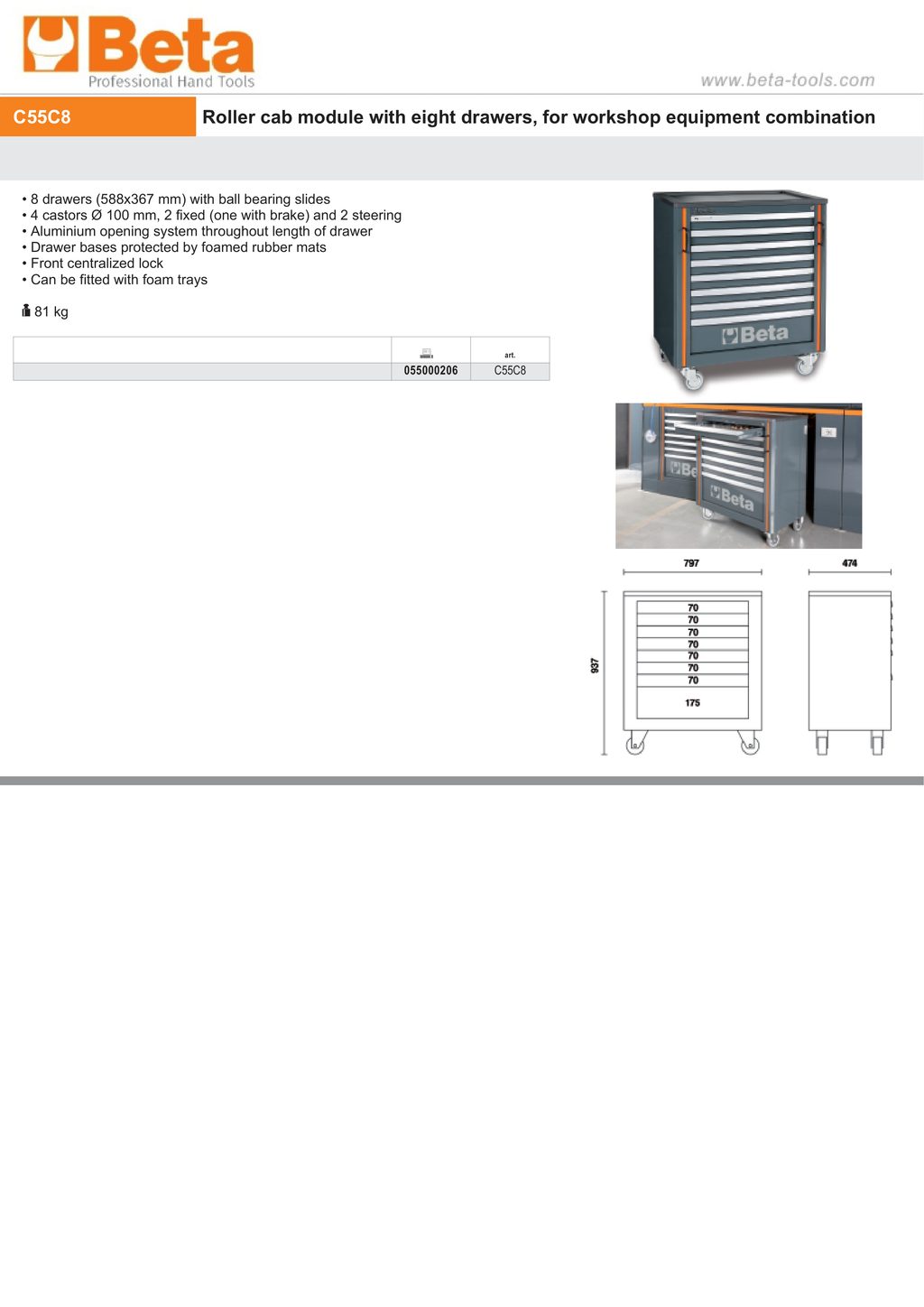 Roller Cabinet Module with 8 Drawers, Ball Bearing Slides, Central Lock, 588x367mm Drawers, 100mm Castors - BetaRSC55 C55C8