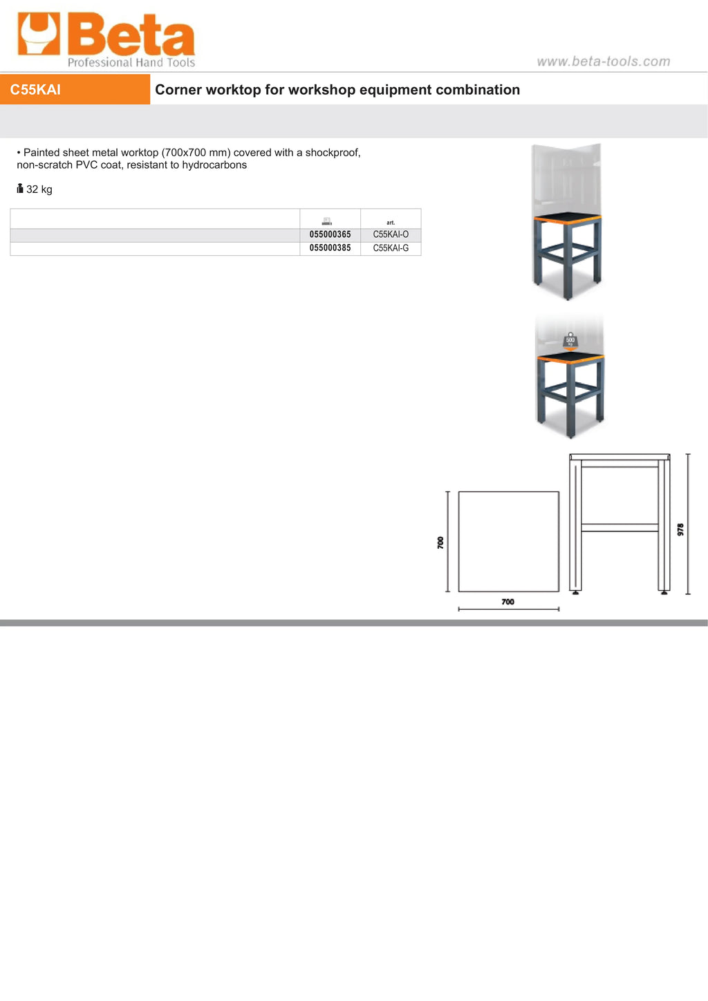 Corner Worktop, 700x700mm, PVC Coated, Hydrocarbon Resistant - BetaRSC55 C55KAI-G