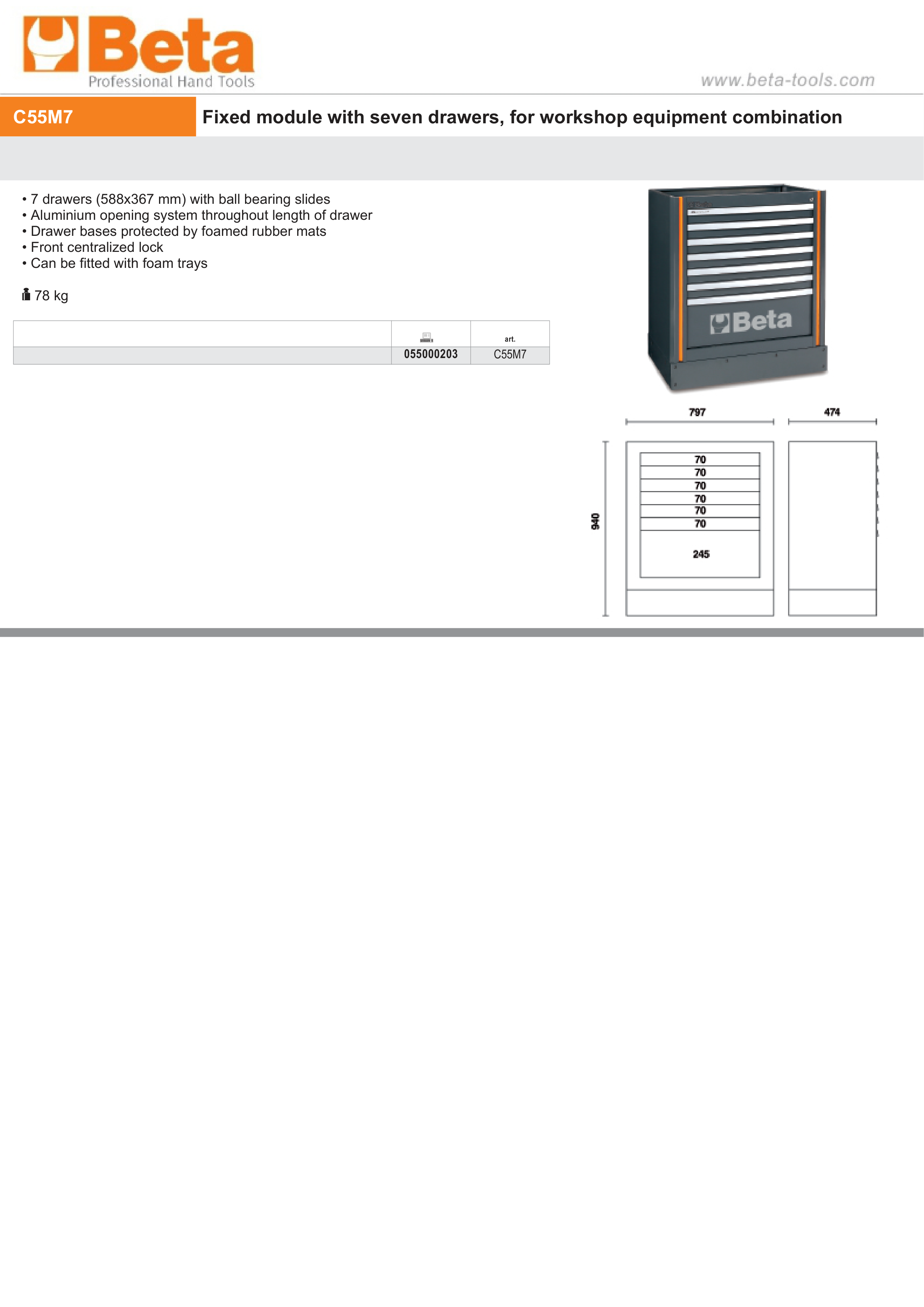 Fixed Module with 7 Drawers, Ball Bearing Slides, Central Lock, 588x367mm Drawers - BetaRSC55 C55M7