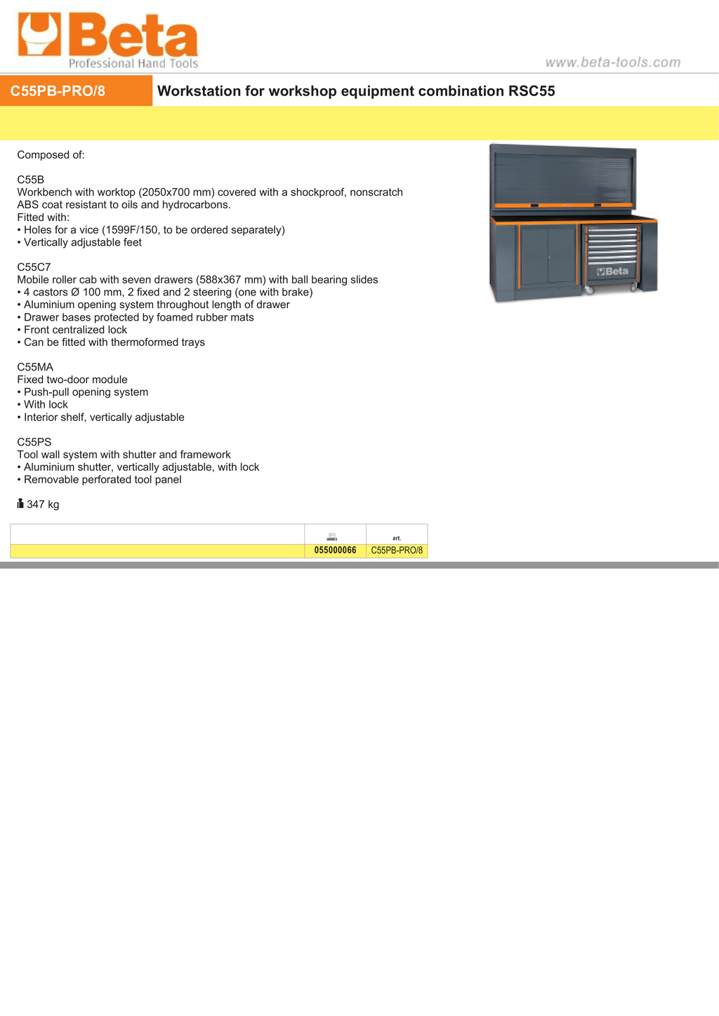 WORKSHOP WORKSTATION 7-DRAWER ROLLER CAB 2-DOOR TOOL WALL SHUTTER 2050X700 C55PB-PRO 8