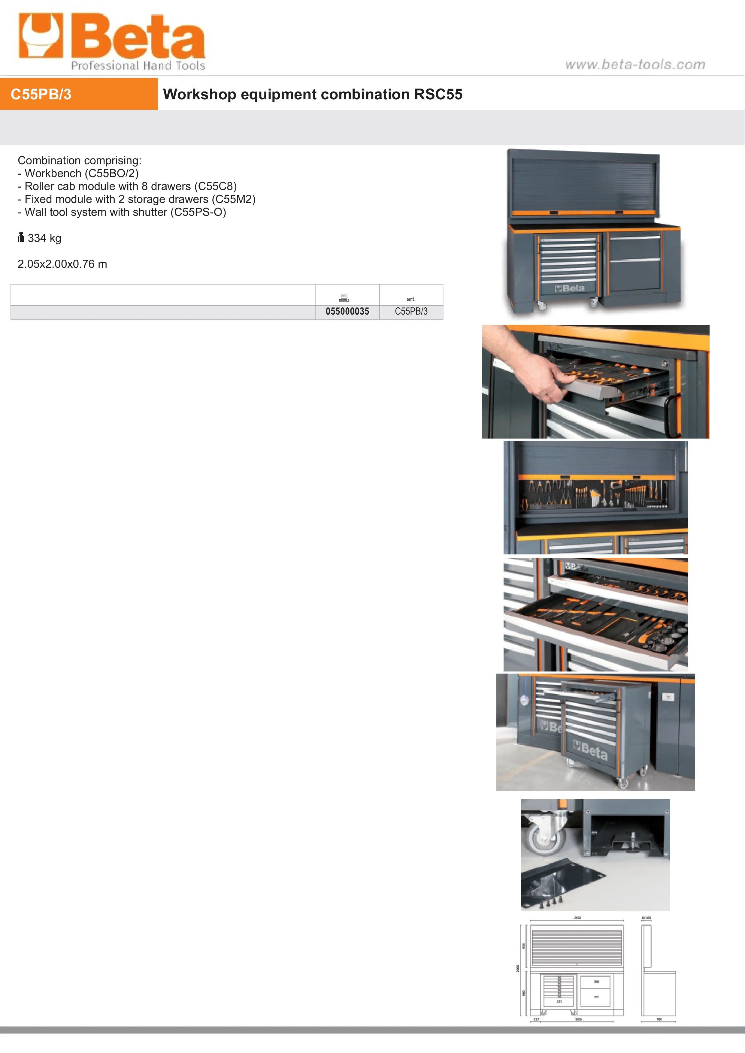 Workshop Equipment Set with Workbench, 8-Drawer Roller Cab, 2-Drawer Module, Wall Tool System, 2.05x2.00x0.76m - BetaRSC55 C55PB/3