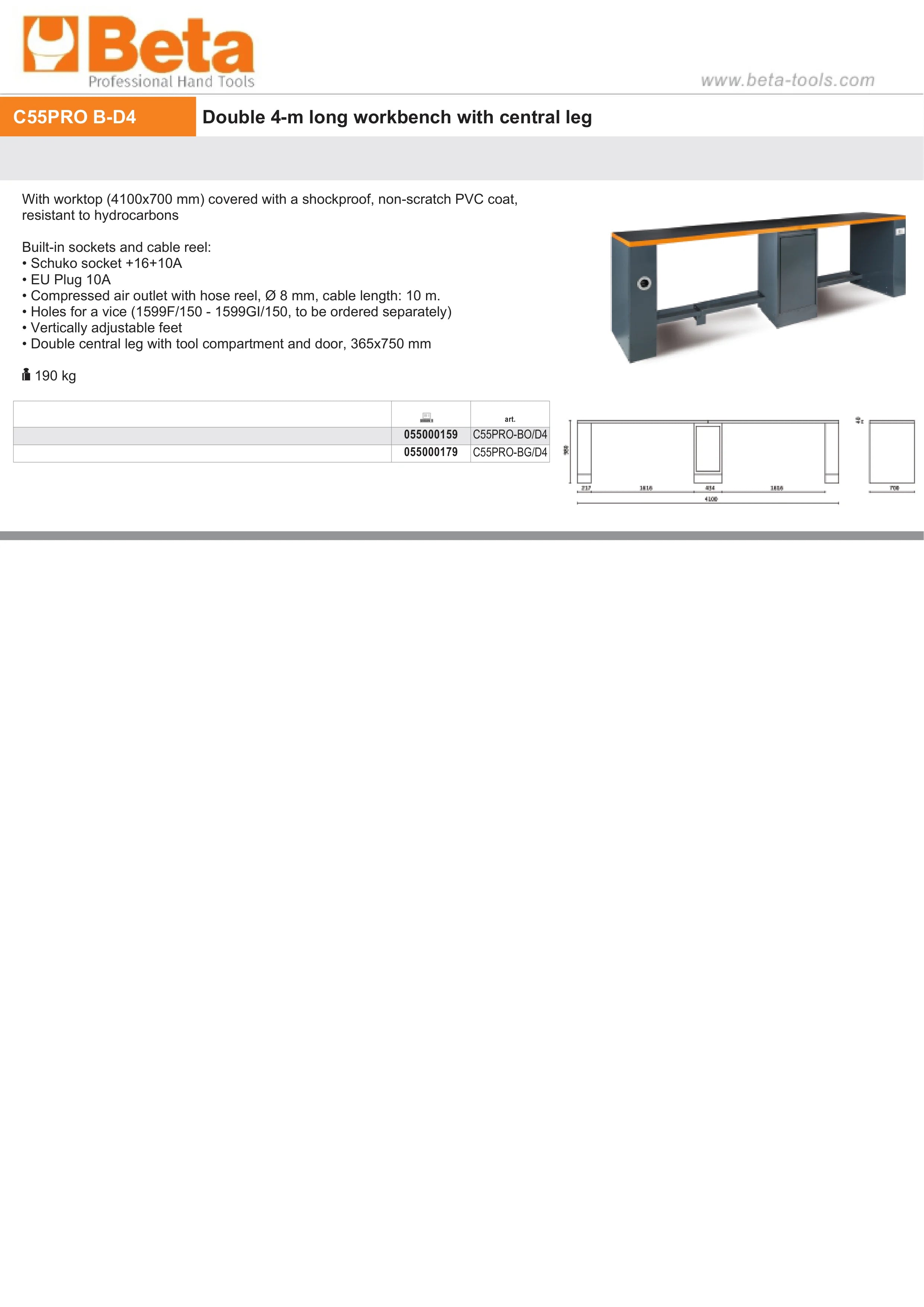 DOUBLE WORKBENCH BETA C55PRO-BG-D4 4100X700MM SHOCKPROOF PVC SOCKETS HOSE REEL ADJUSTABLE FEET