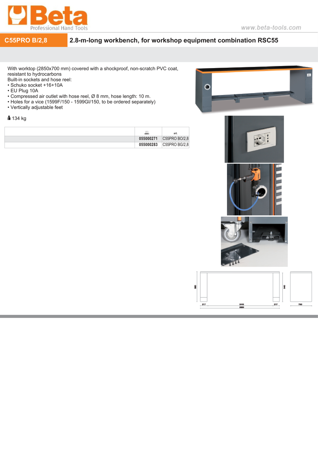 2.8m Workbench with Shockproof PVC Coated Worktop, Built-in Sockets, Hose Reel, Vice Holes, Adjustable Feet - BetaRSC55 C55PRO BG/2,8