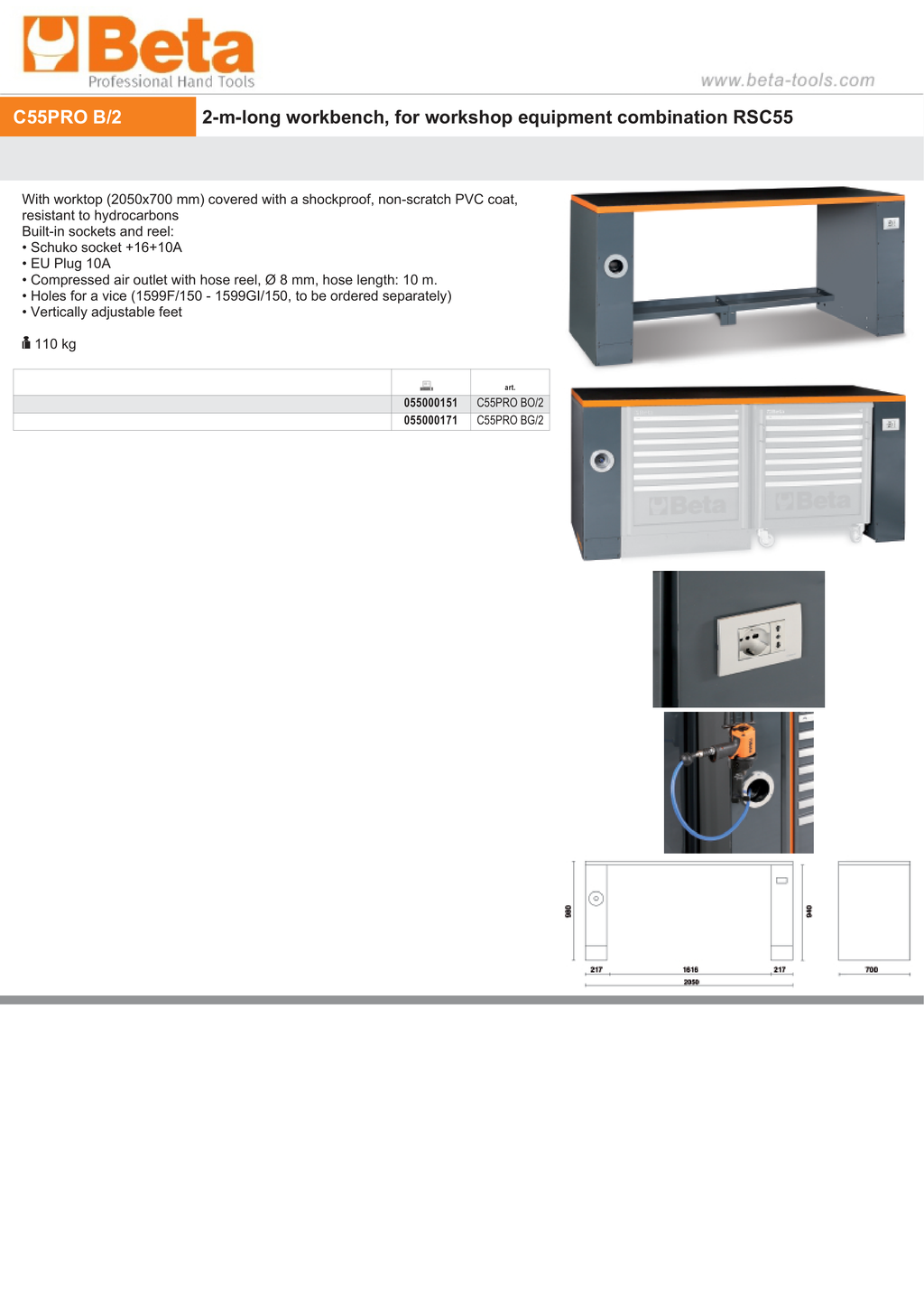 2m Workbench with Shockproof PVC Worktop, Built-In Sockets, Hose Reel, Adjustable Feet, 2050x700mm - BetaRSC55 C55PRO BG/2