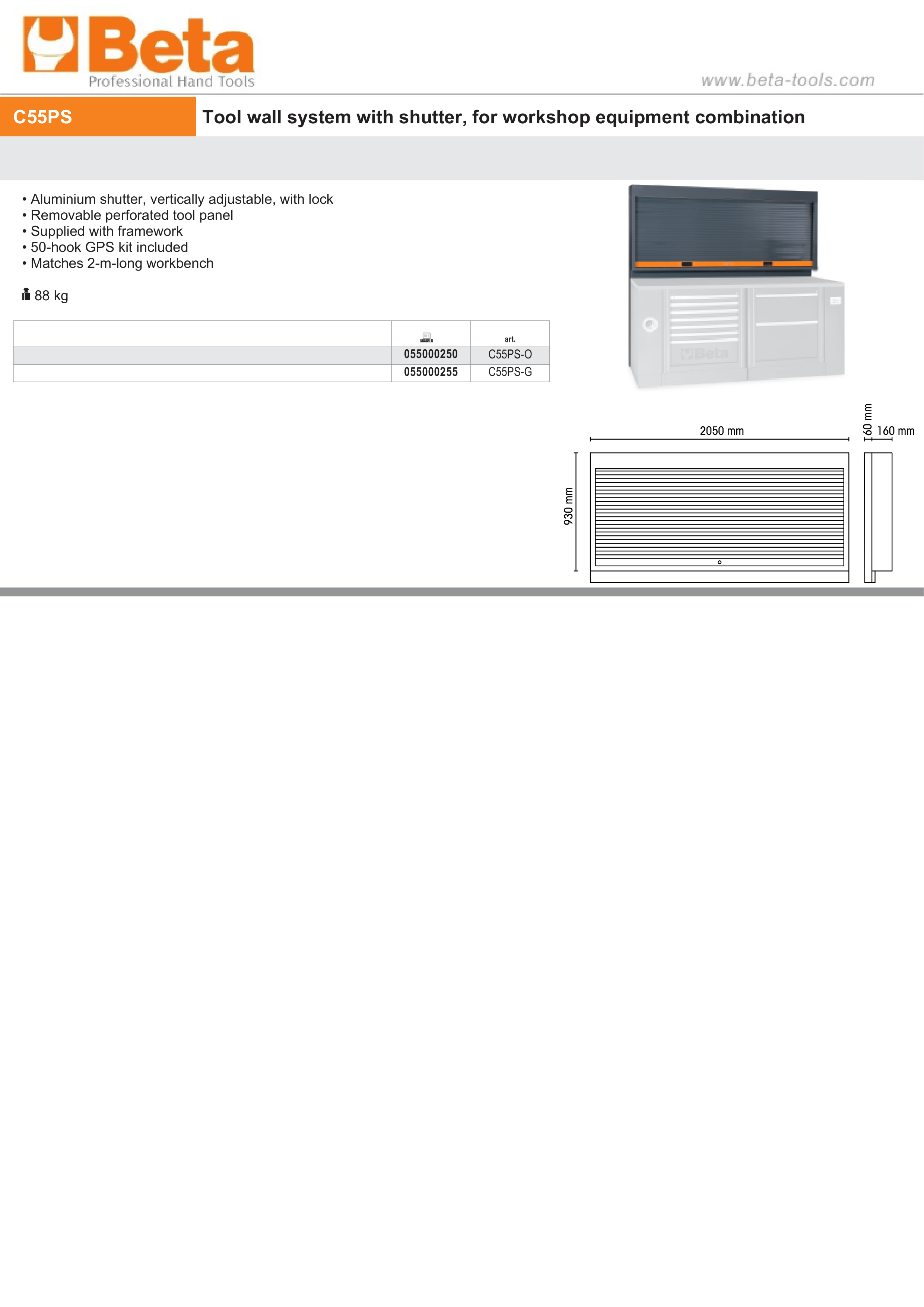 Tool Wall System with Lockable Adjustable Shutter, Perforated Panel, 50-Hook Kit, Fits 2m Workbench - BetaRSC55 C55PS-O