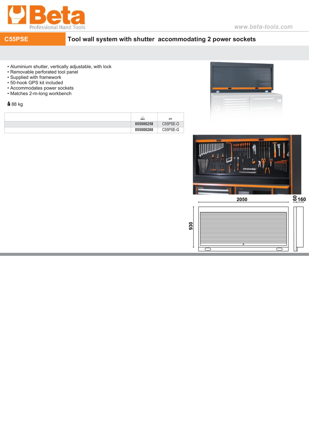 TOOL WALL SYSTEM BETA C55PSE-O LOCKABLE ADJUSTABLE SHUTTER PERFORATED PANEL 50-HOOK KIT